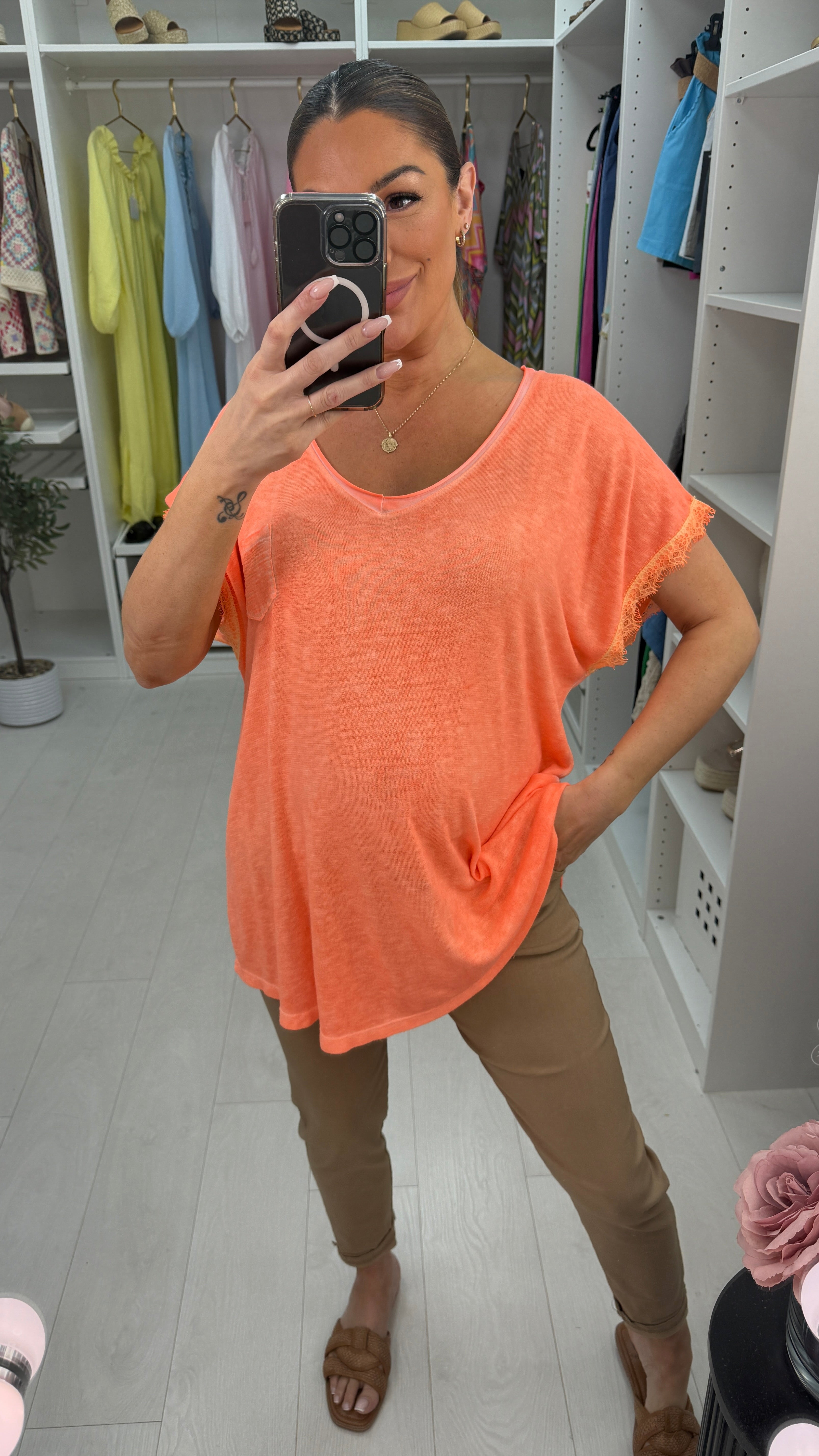 Antonia Plain Sequin Pocket V Neck T-Shirt