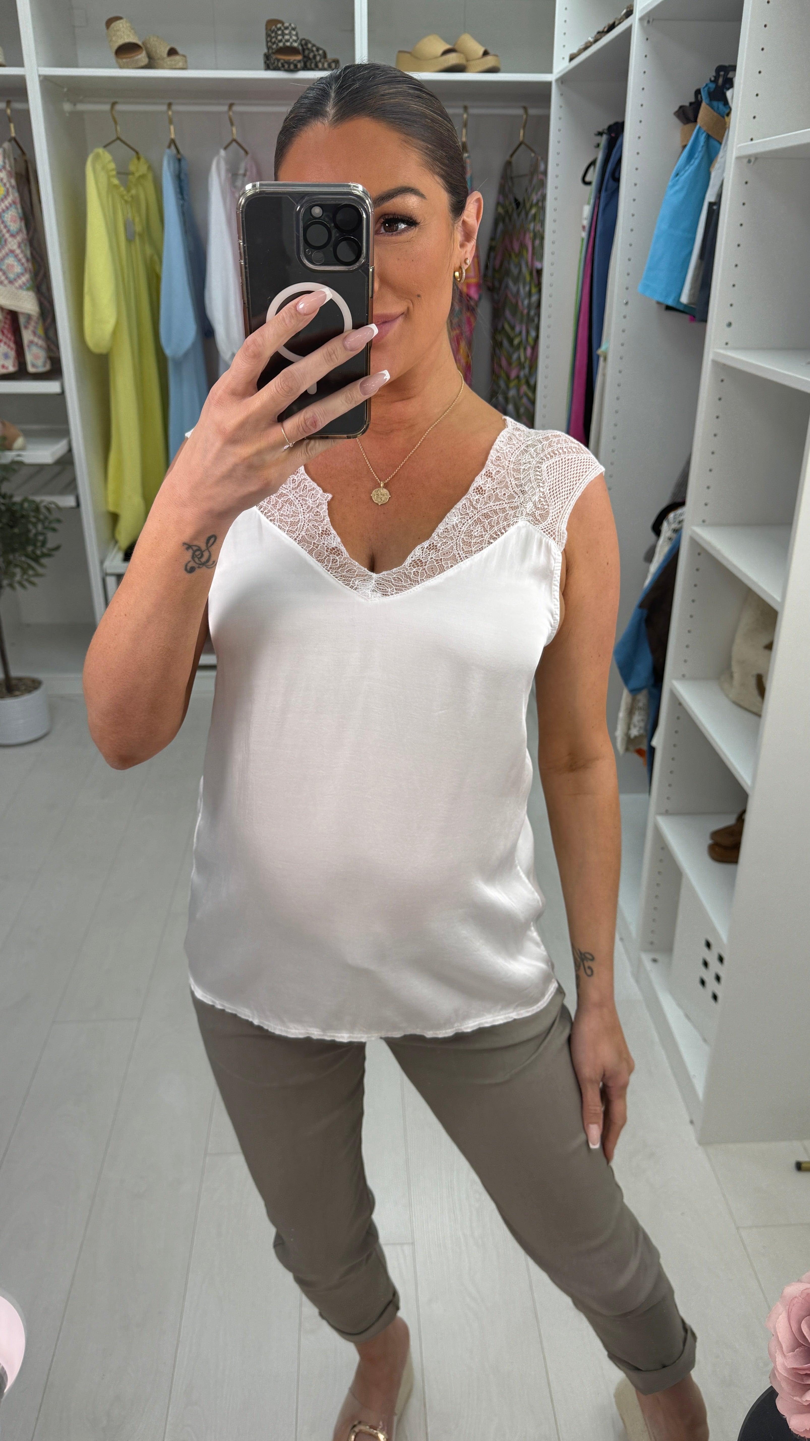 Moyra Plain Lace Detail Satin Cami Top