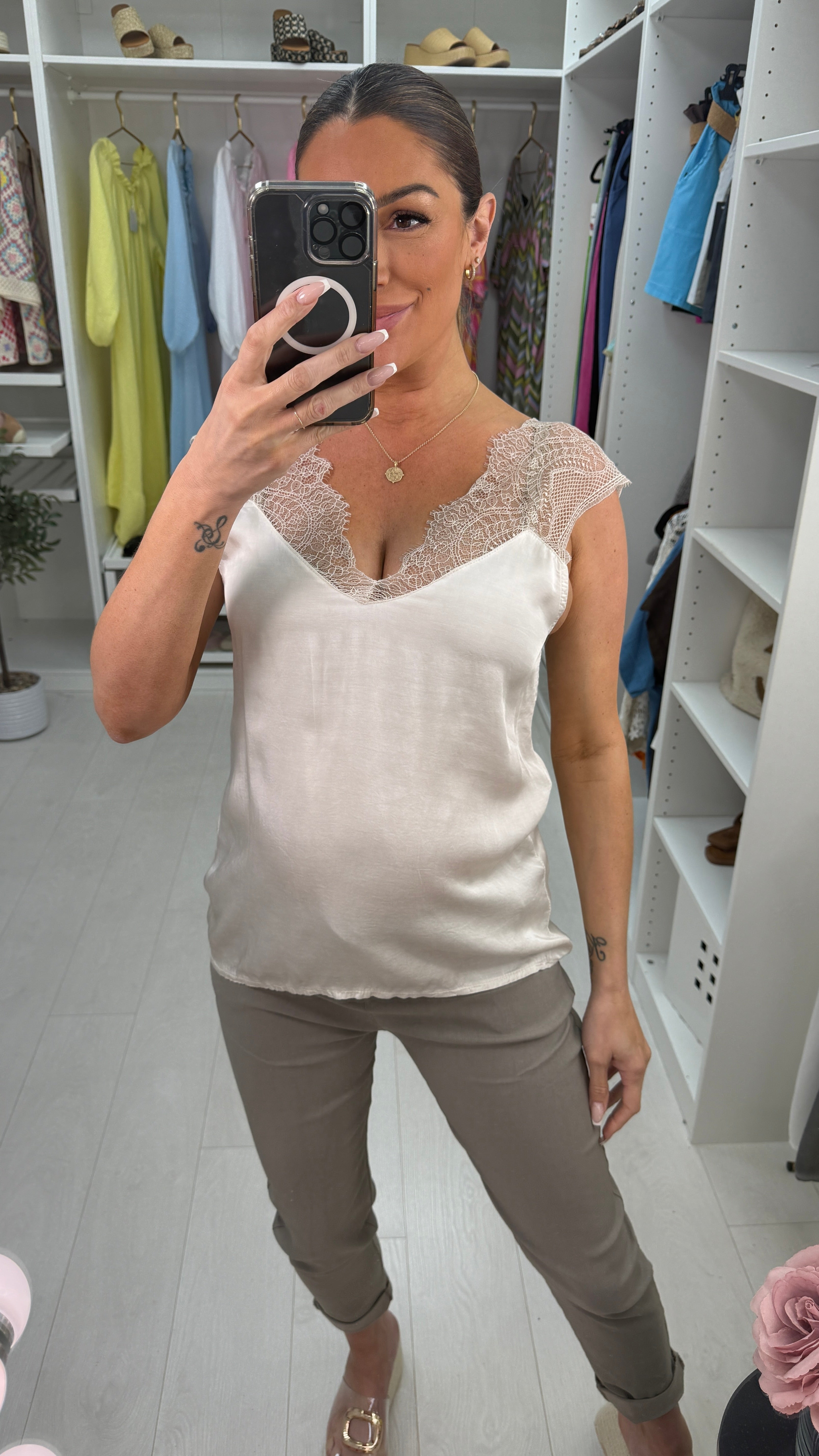 Moyra Plain Lace Detail Satin Cami Top