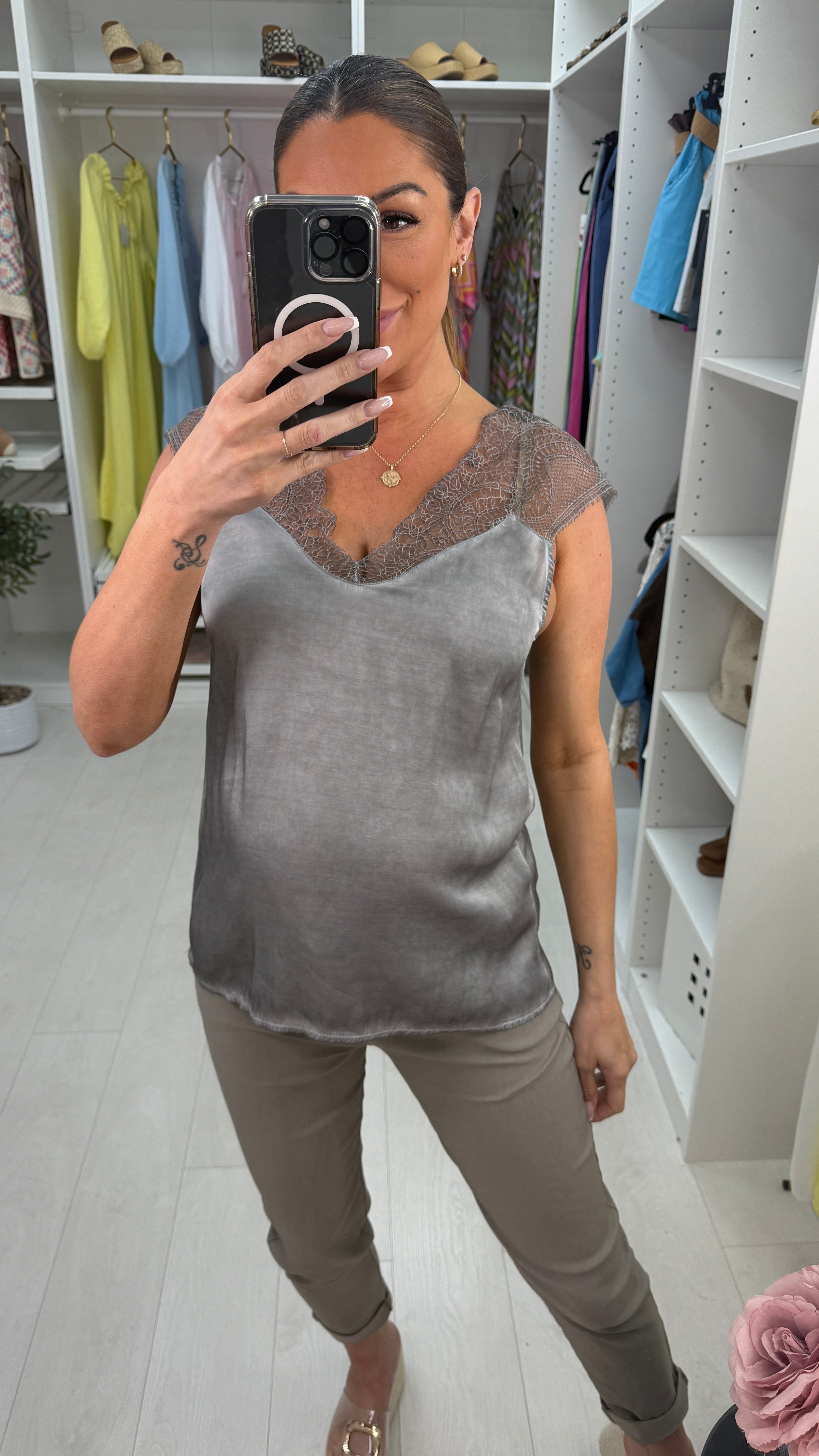 Moyra Plain Lace Detail Satin Cami Top