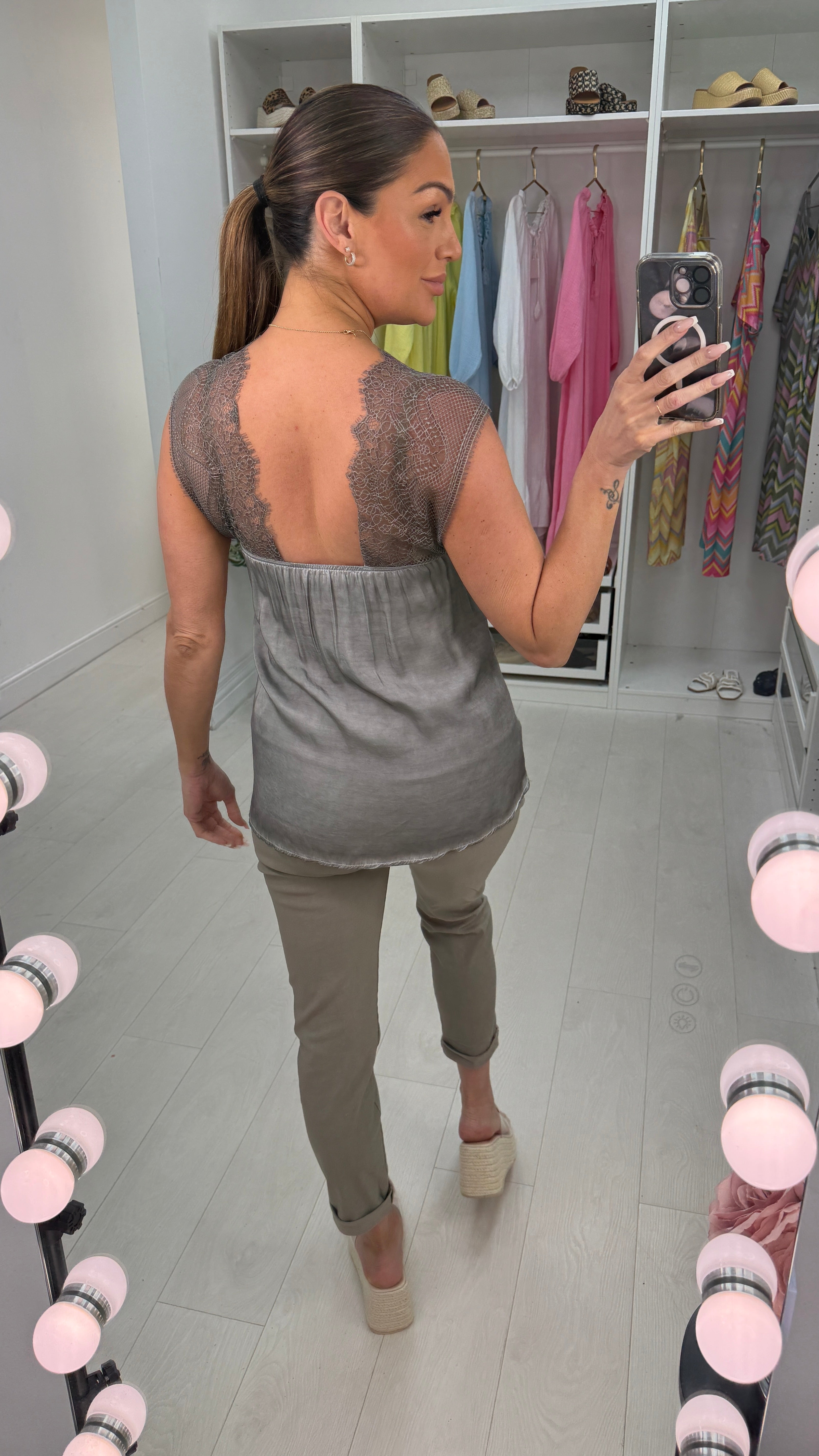 Moyra Plain Lace Detail Satin Cami Top