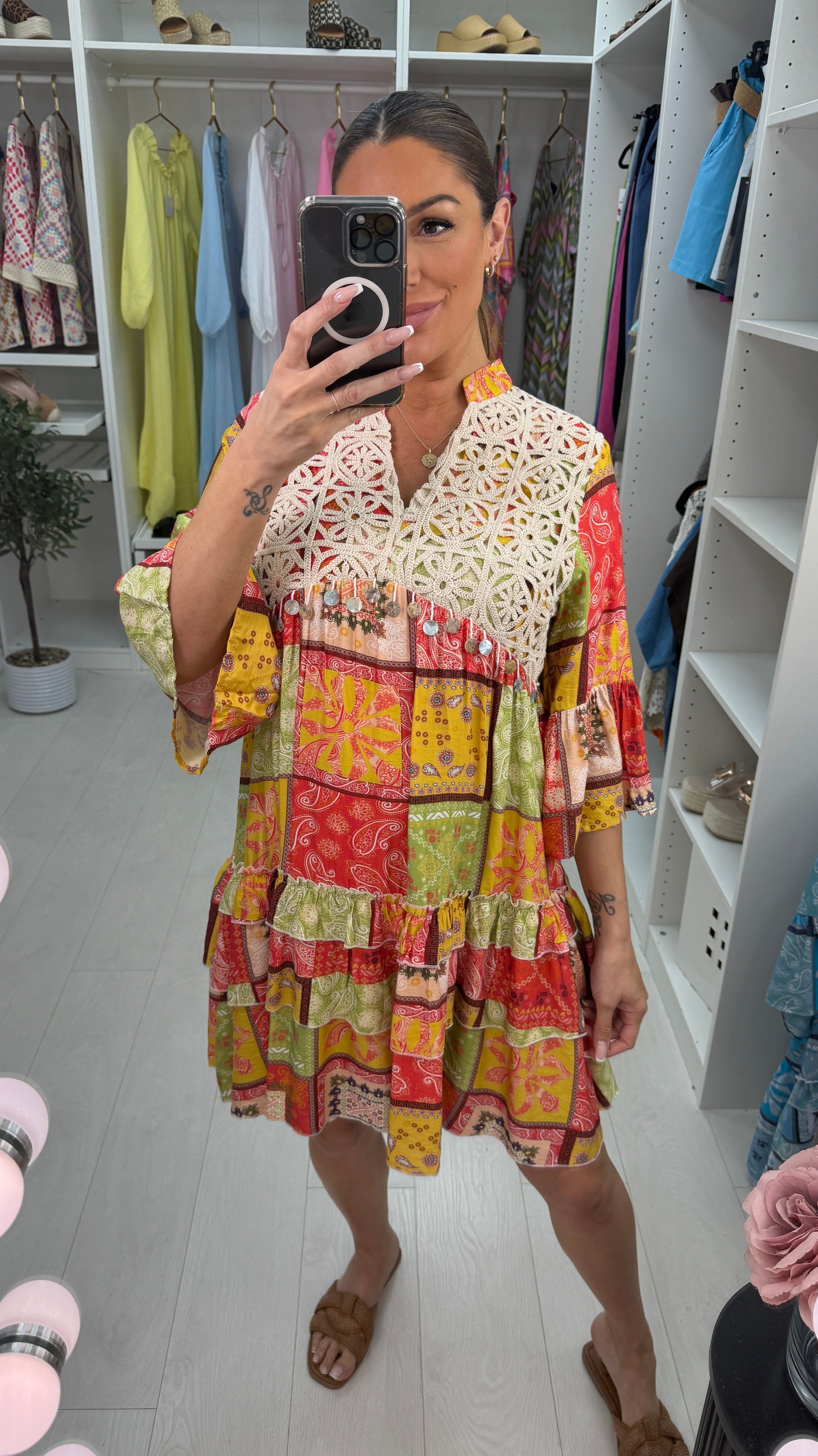 Sorrell Paisley Print Crochet Detail Smock Dress