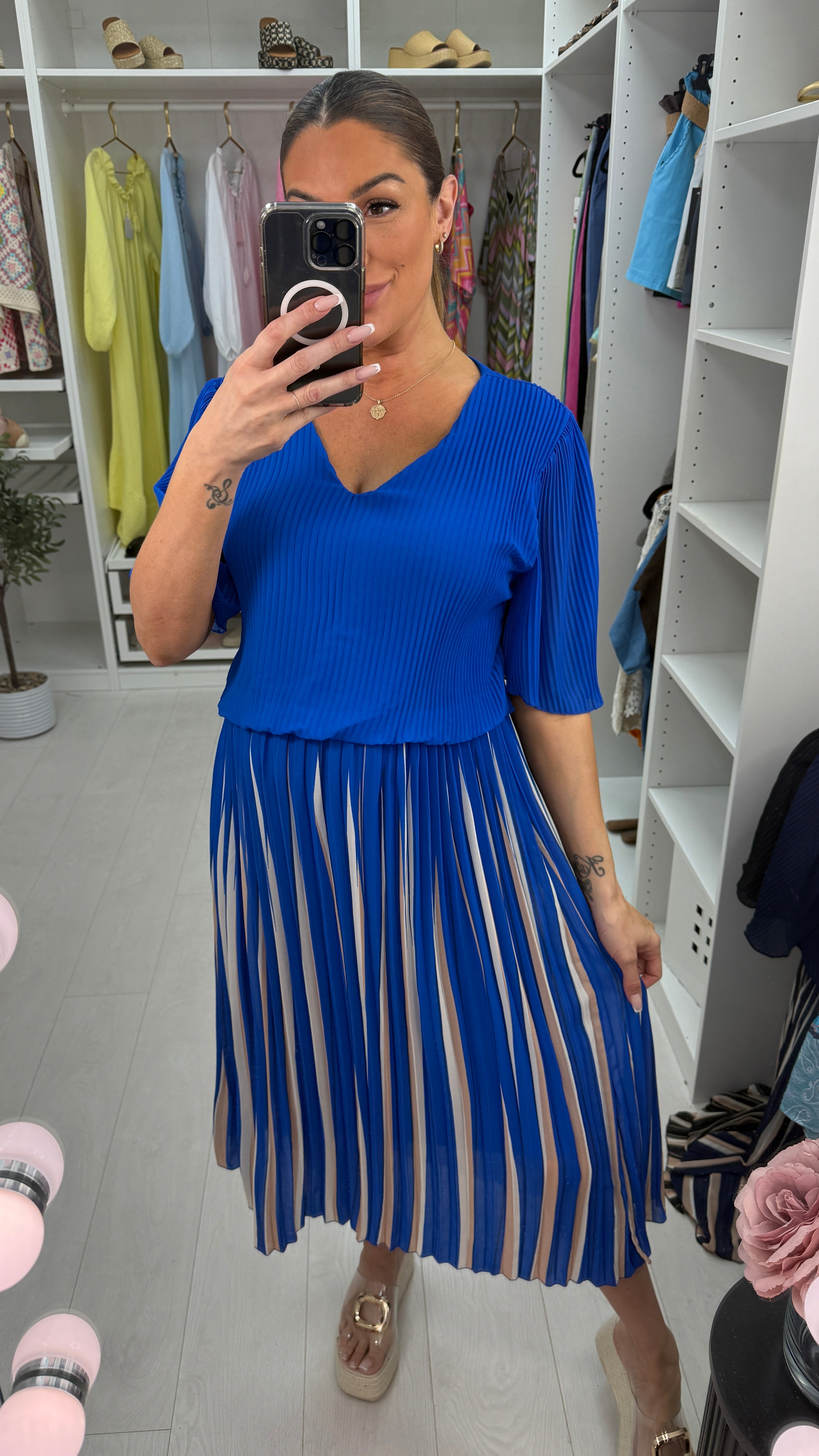 Rachella Striped Pleated Loose Fit Midi Dress