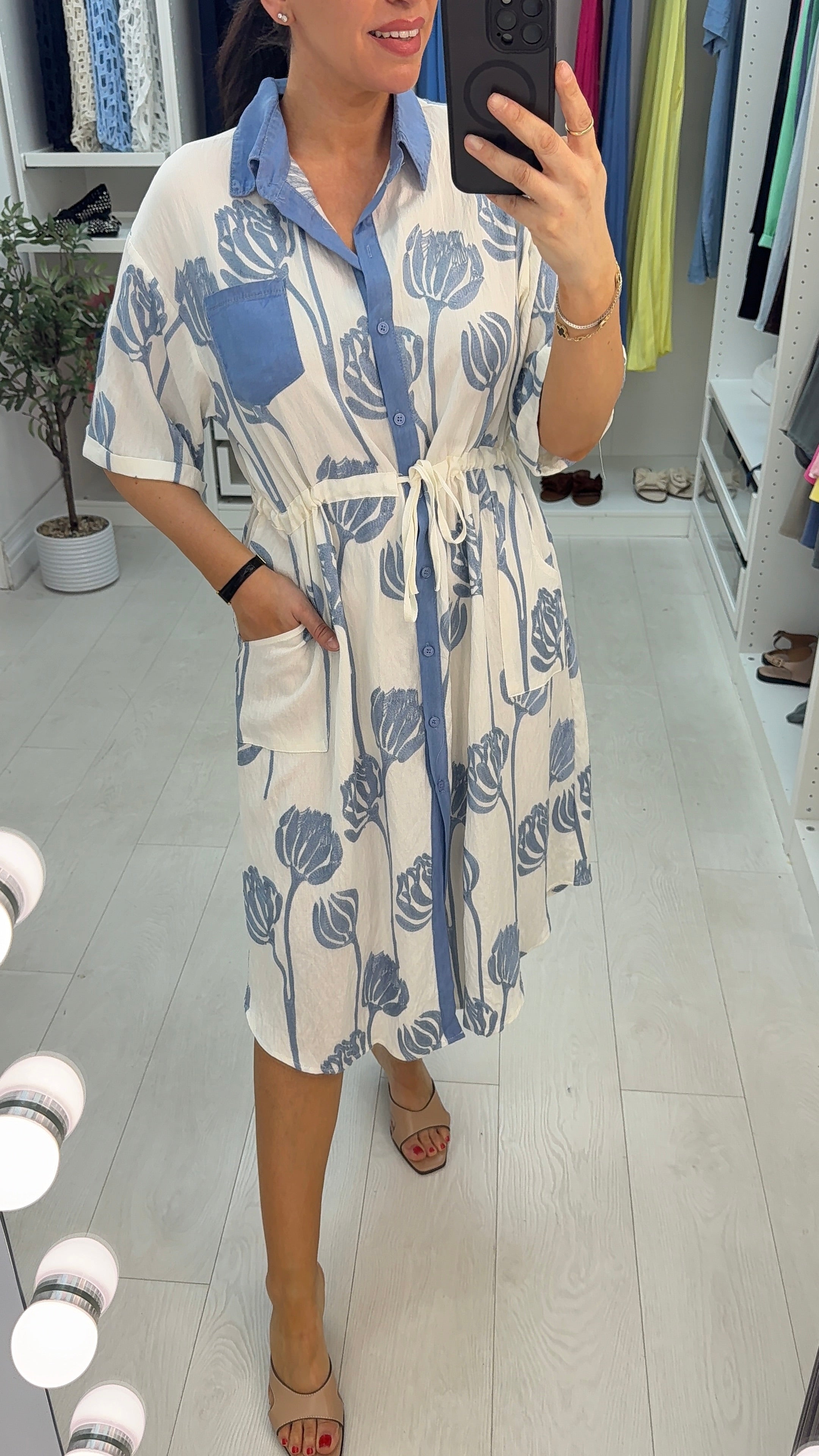 Nancie Embroidered Drawstring Waist Shirt Dress