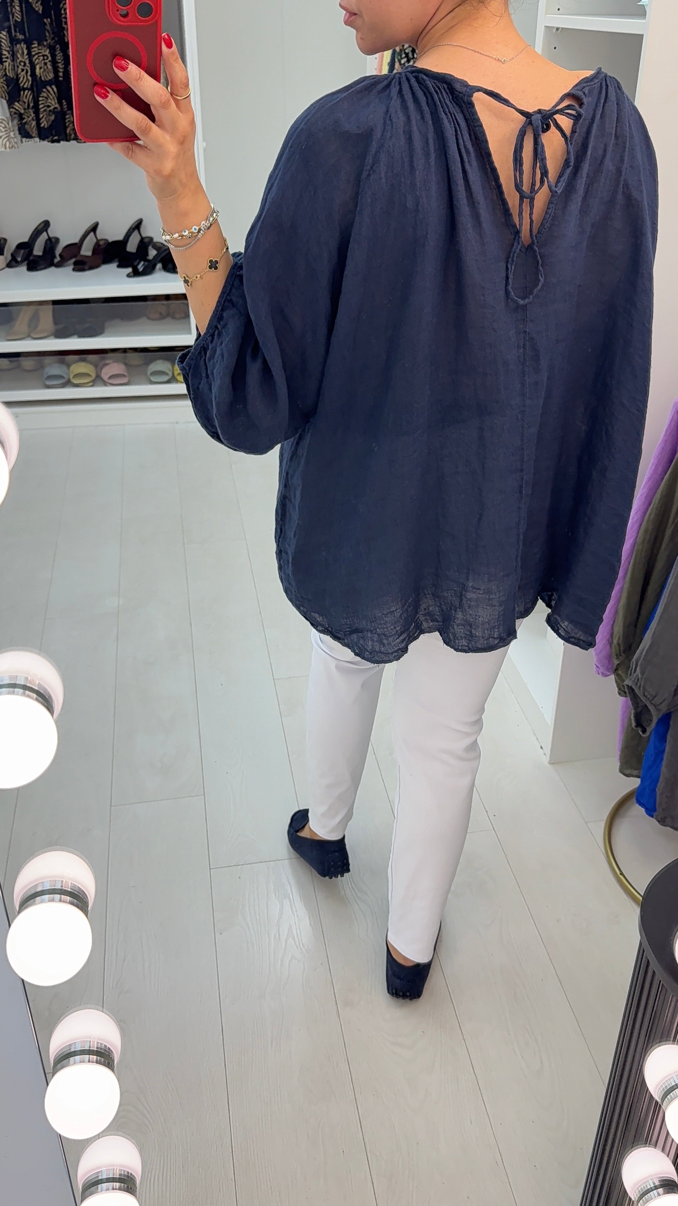 Martha Wide Sleeve Tie Back Linen Loose Fit Top