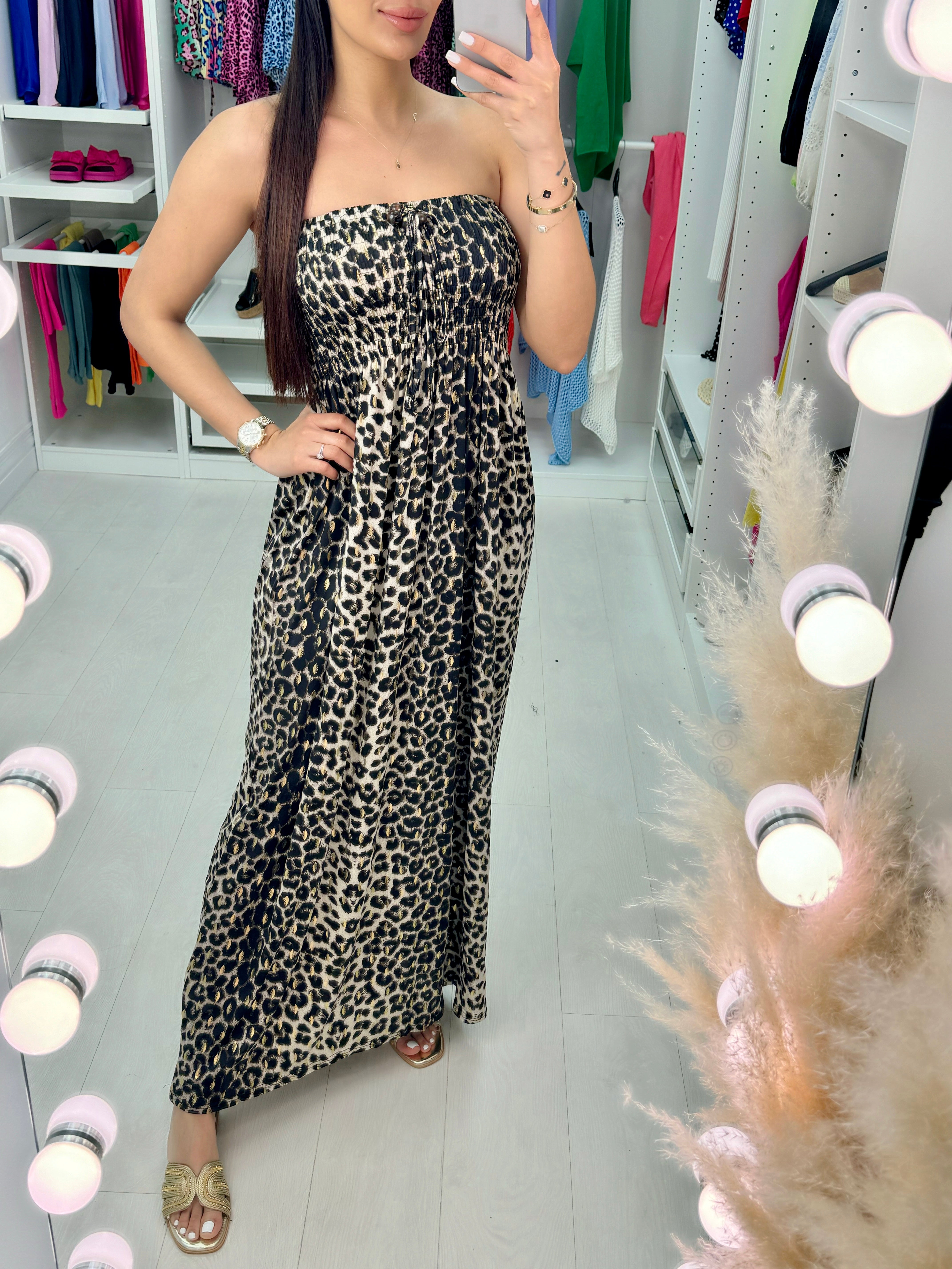 Bergamo Beige Leopard Print Elasticated Bust Maxi Dress