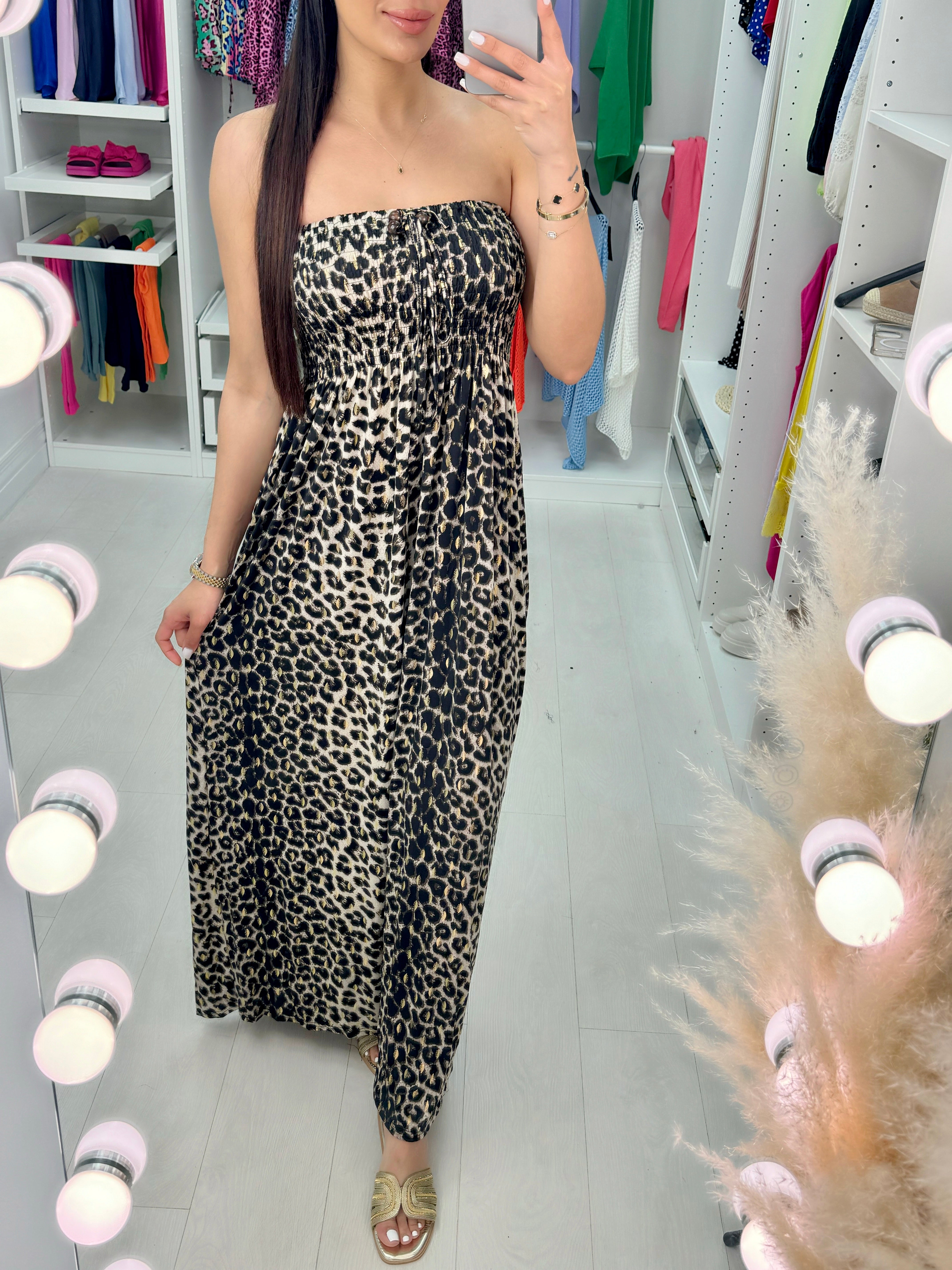Bergamo Beige Leopard Print Elasticated Bust Maxi Dress
