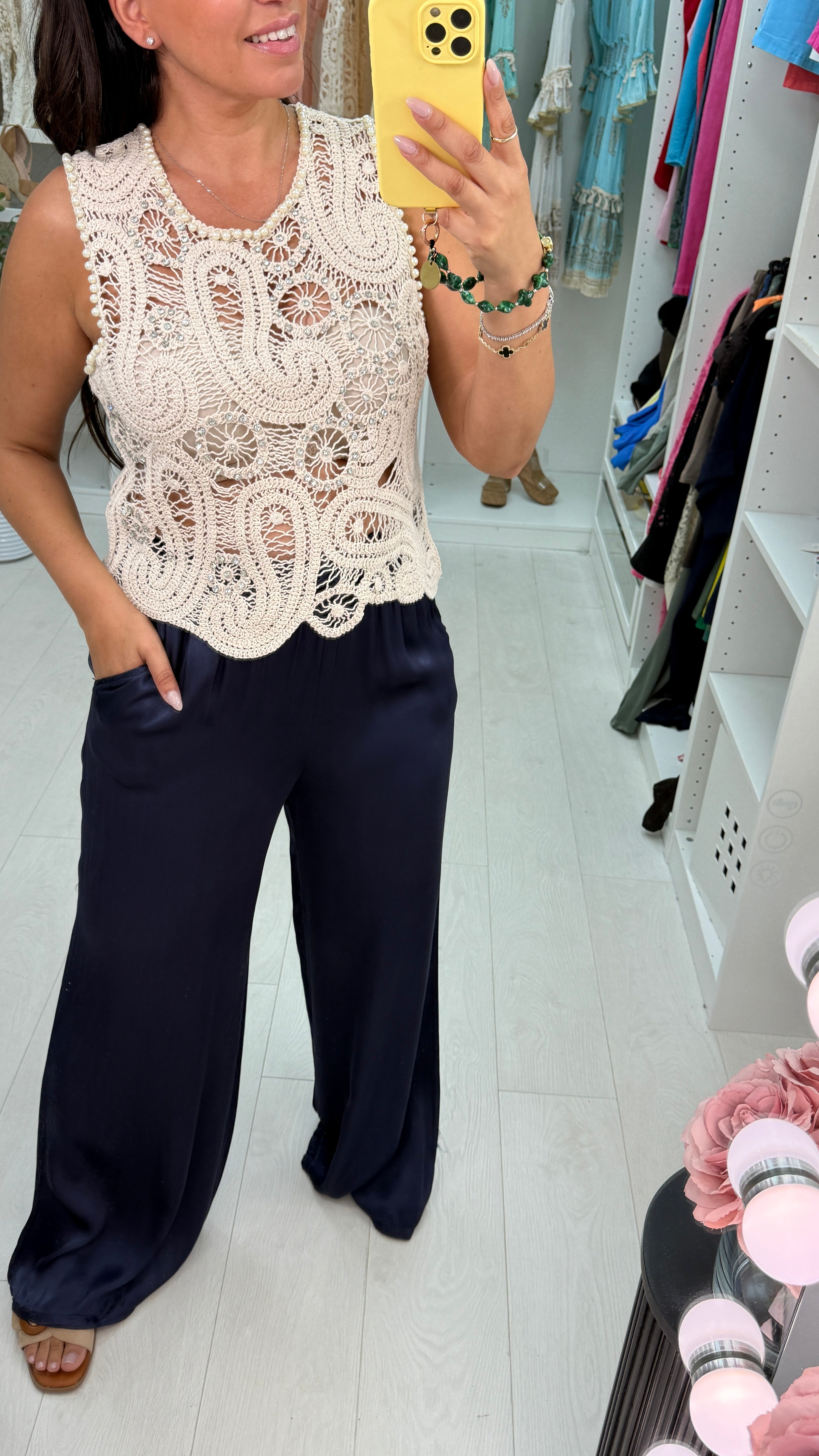 Ezora Sleeveless Embellished Crochet Top