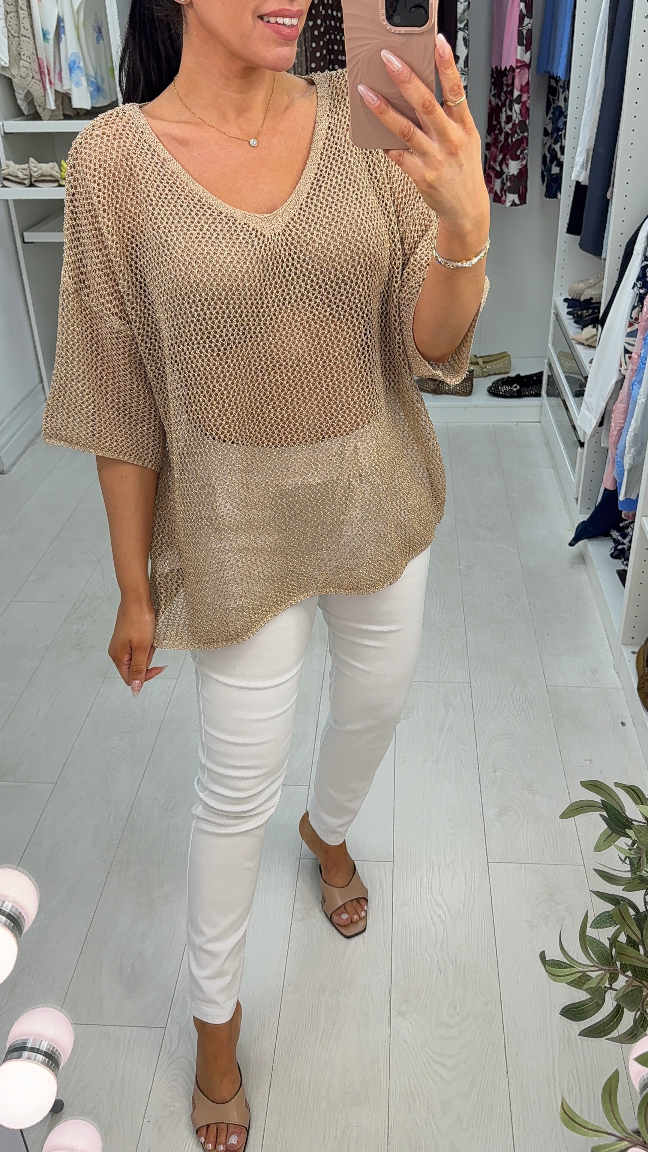 Dovie Crochet Gold Metalic V Neck Short Sleeve Top