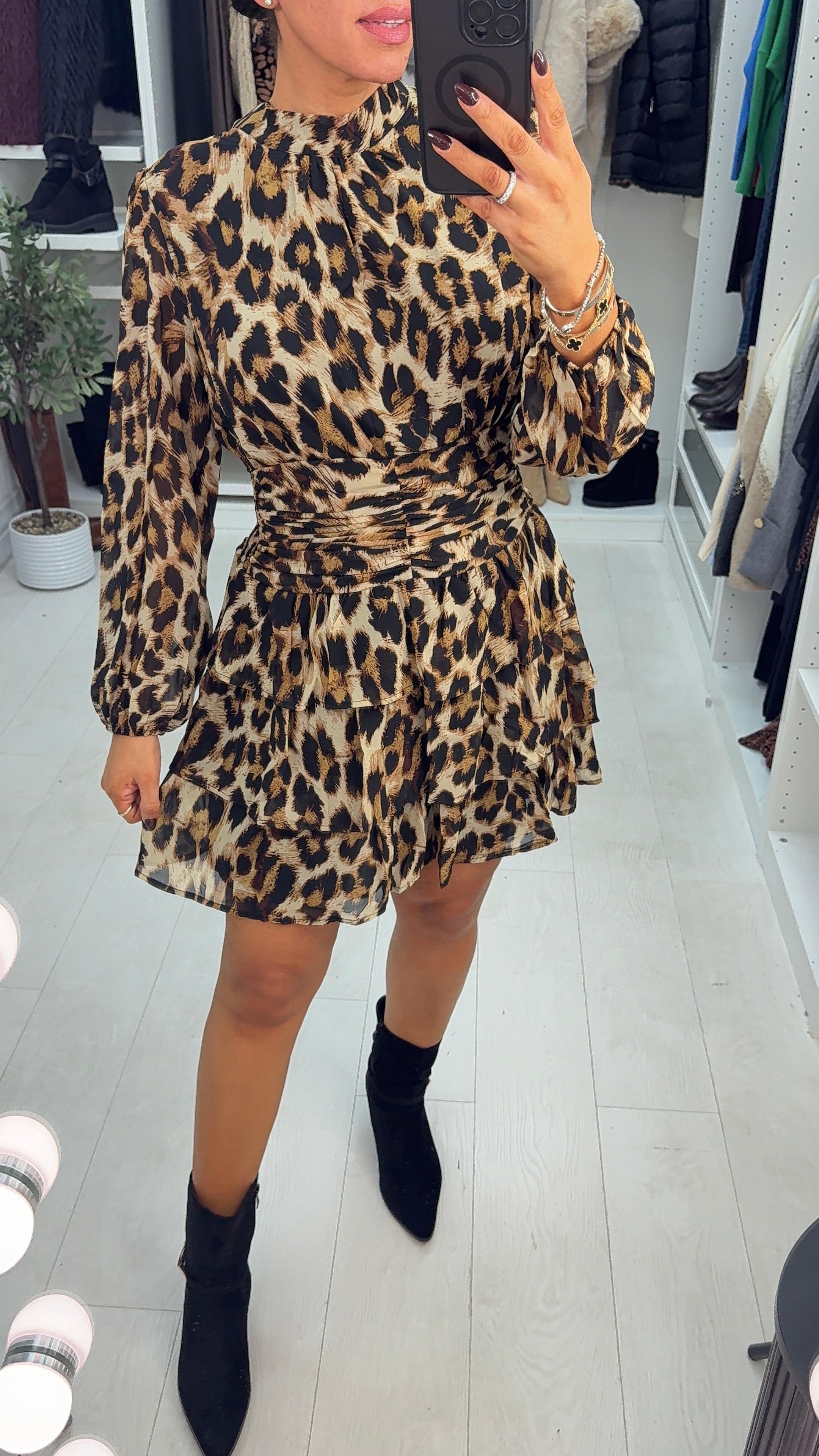Kamie Leopard Print Shirred Waist Mini Dress
