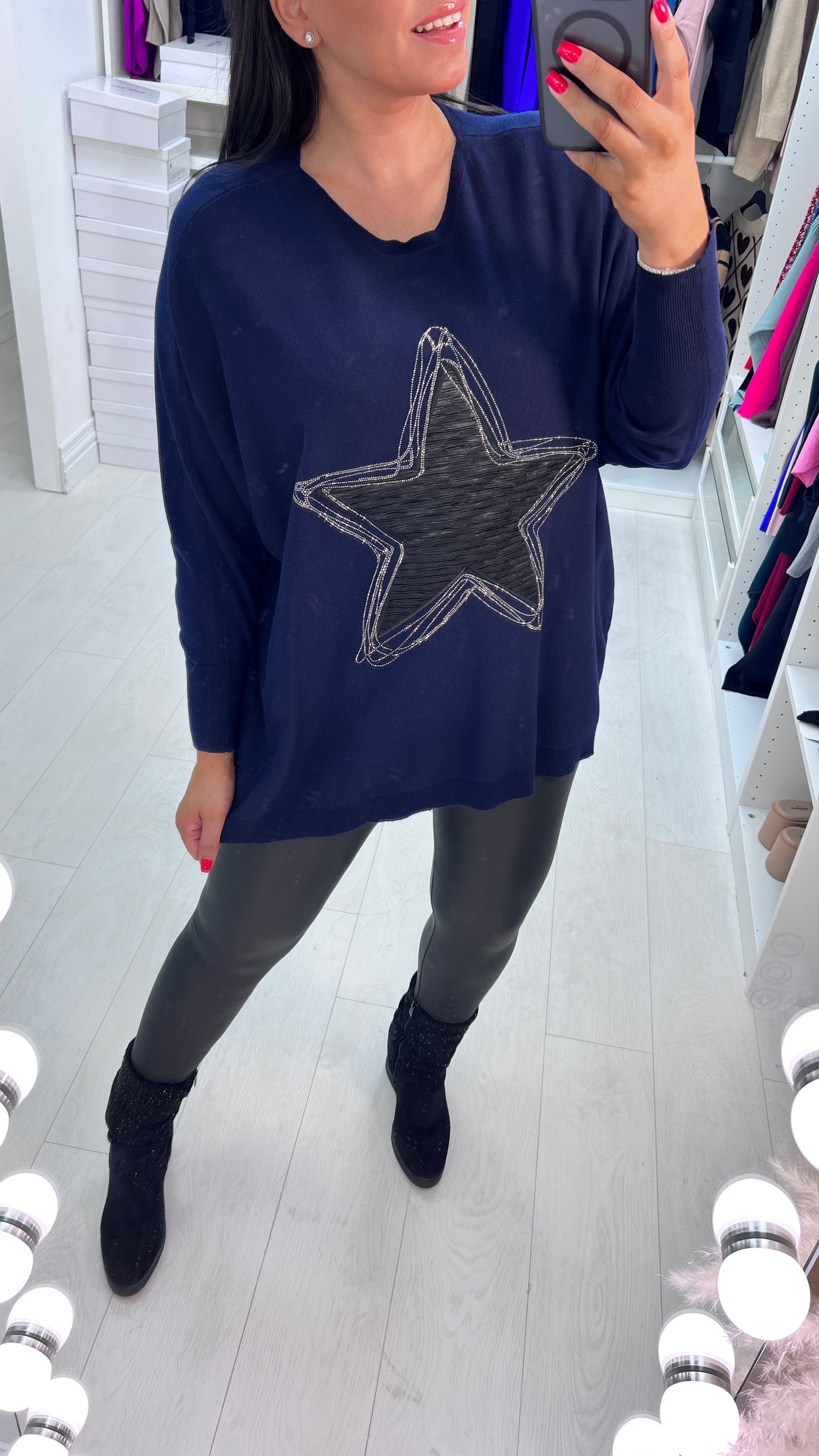 Merosa Fabric Star Diamante Detail Drop Sleeve Knit Top