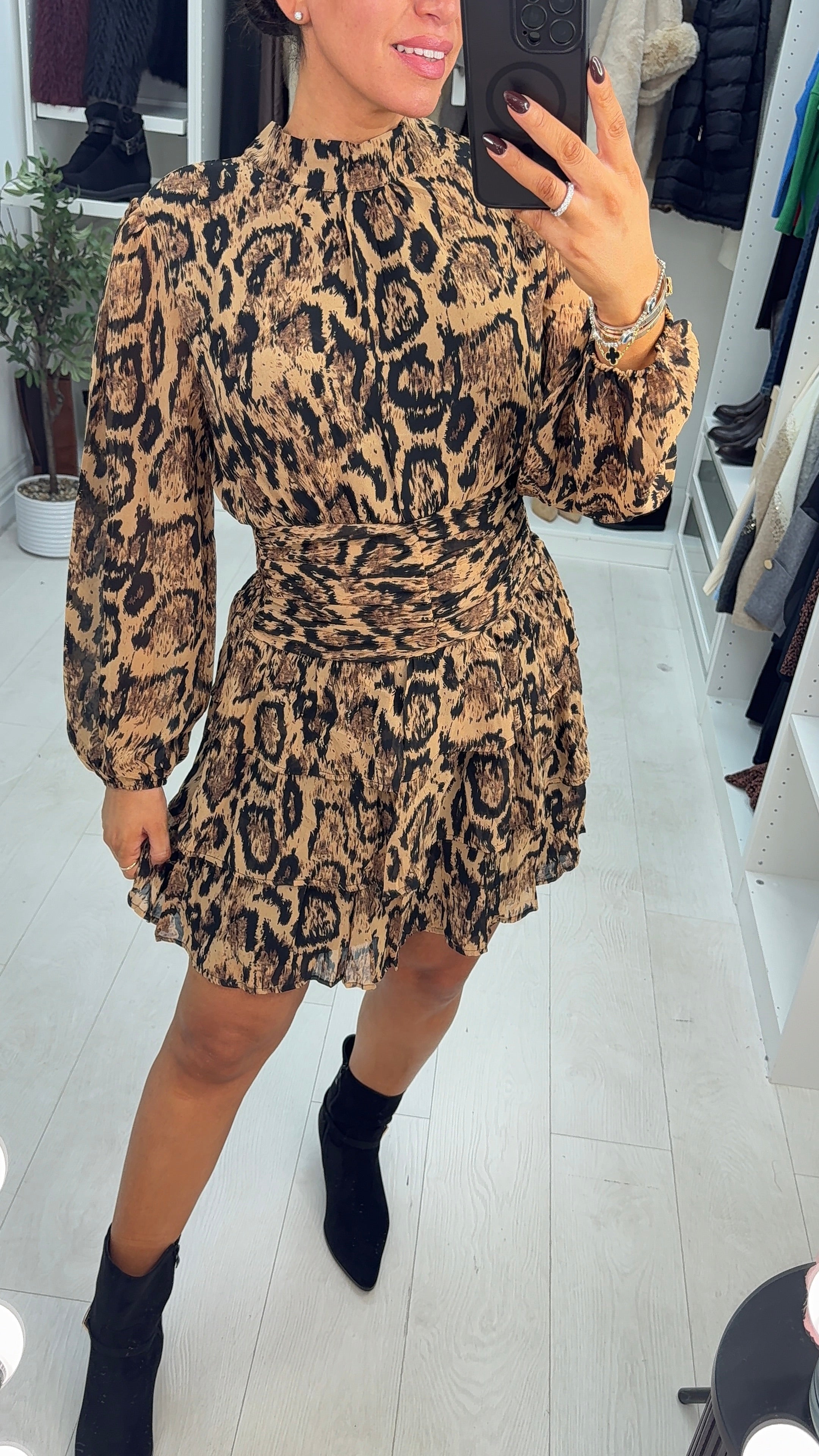Jolice Animal Print Shirred Waist Mini Dress
