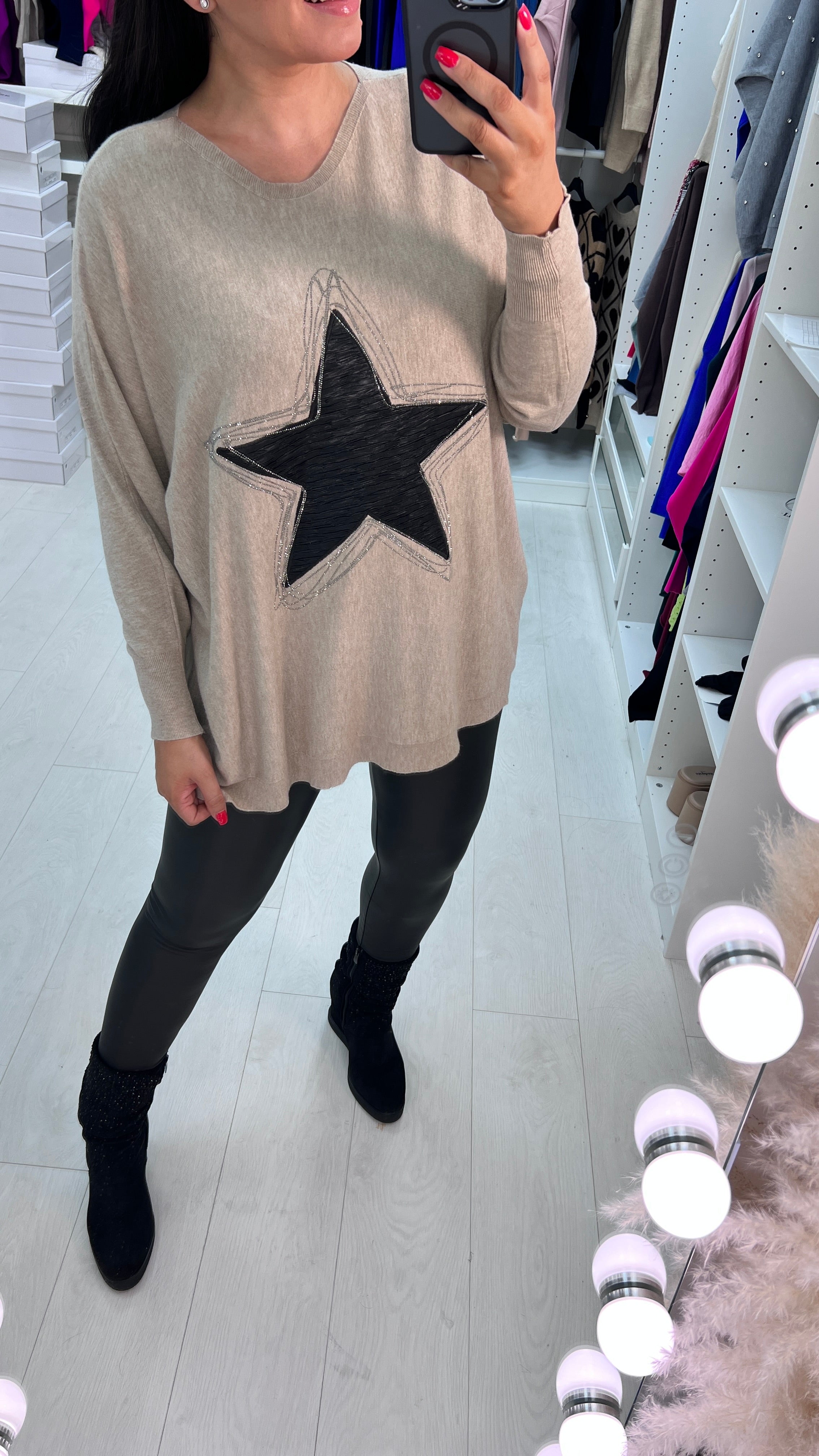 Merosa Fabric Star Diamante Detail Drop Sleeve Knit Top