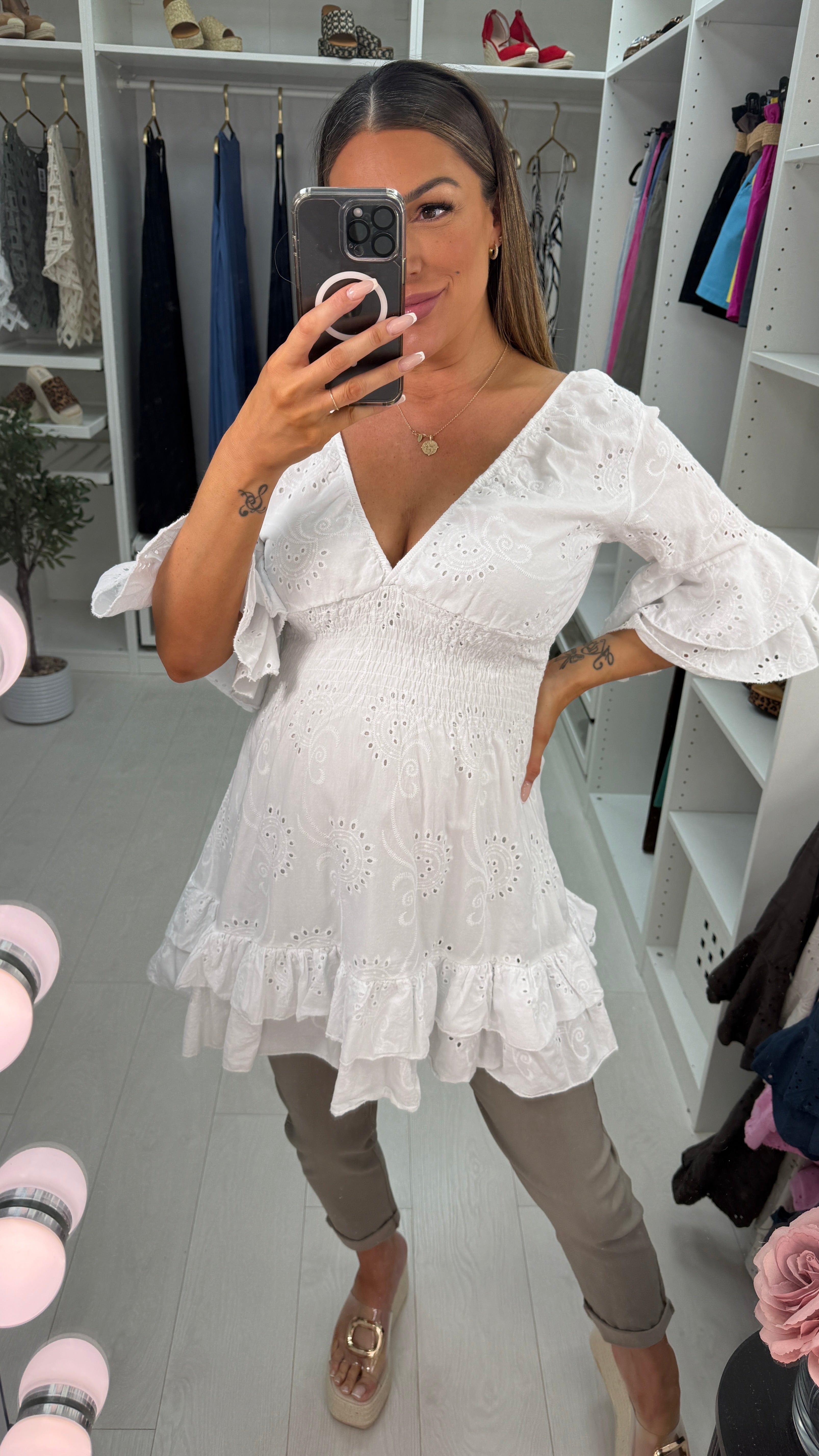 Kamiya Broidery Anglaise Deep V Neck Tunic