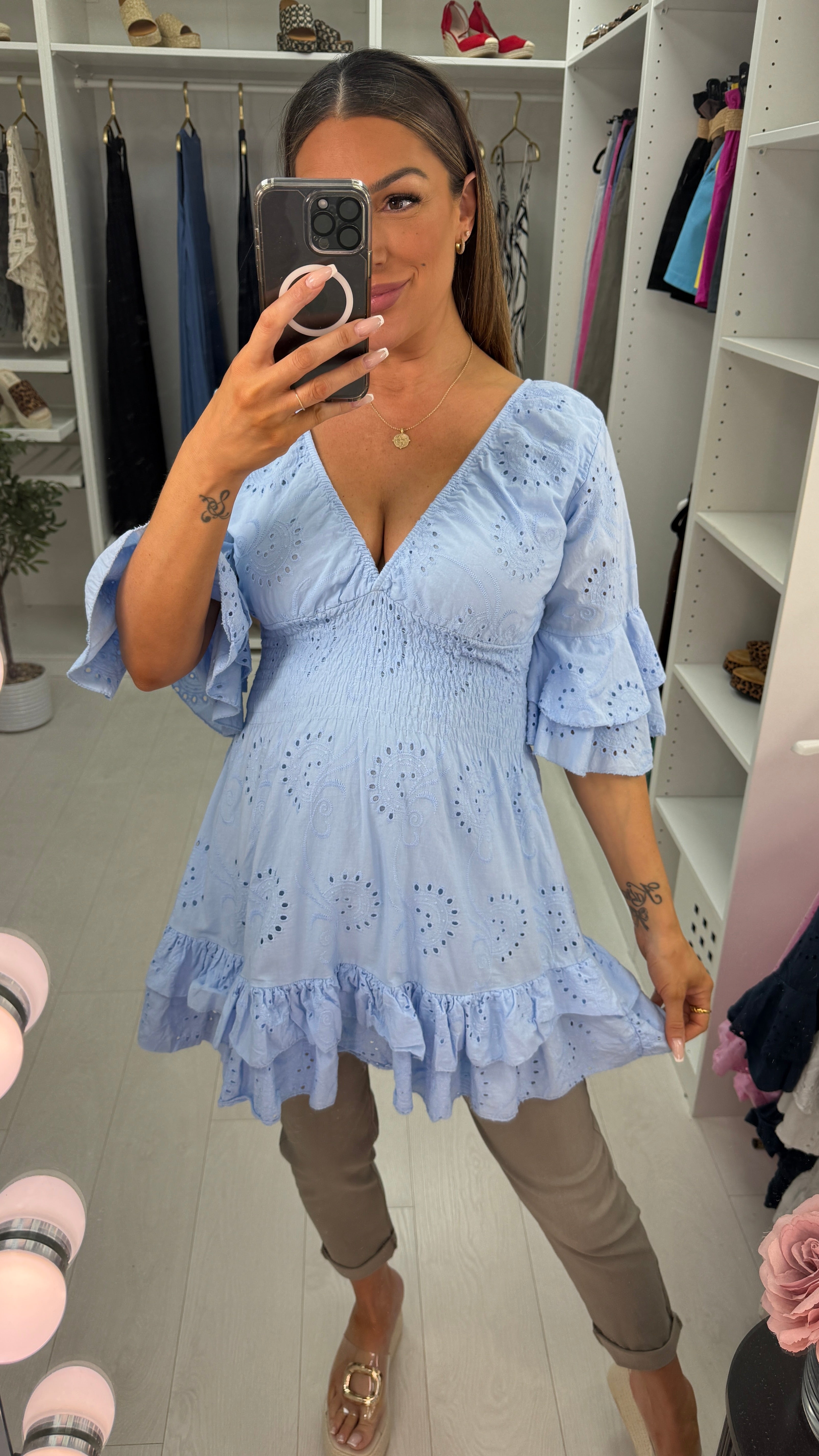 Kamiya Broidery Anglaise Deep V Neck Tunic