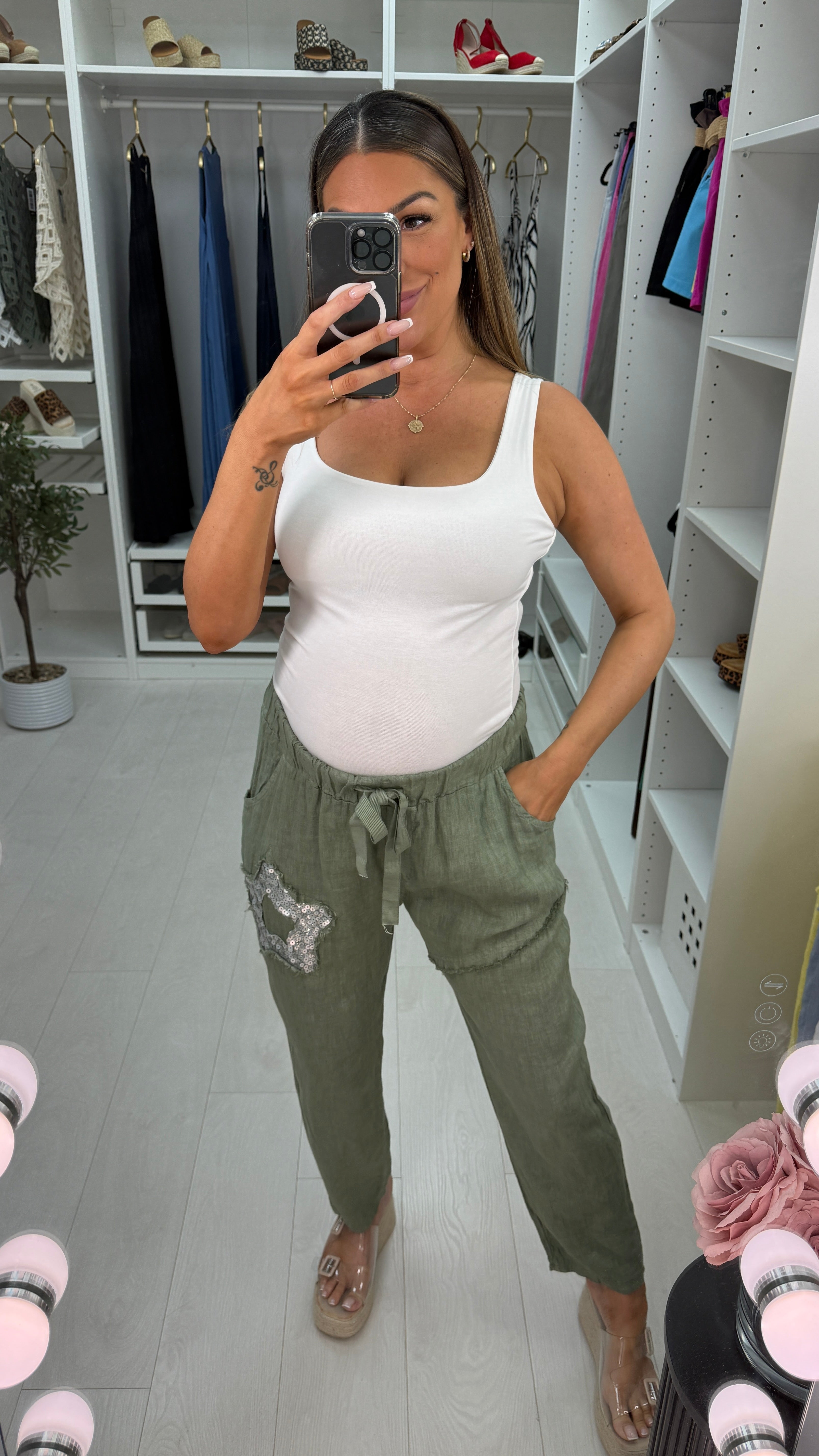 Annalou Plain Sequin Star Detailed Linen Trousers