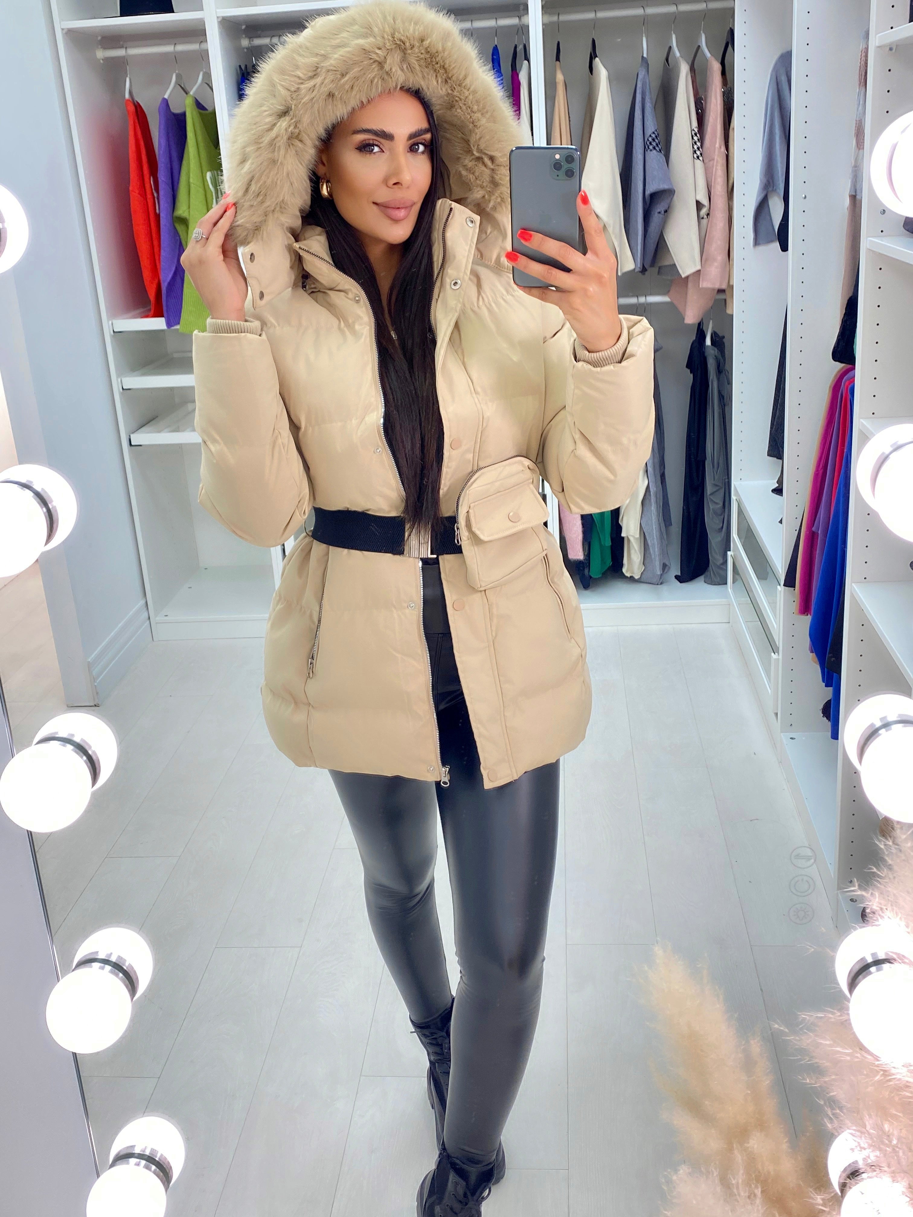 Layana Beige Hooded Fleece Puffer Coat