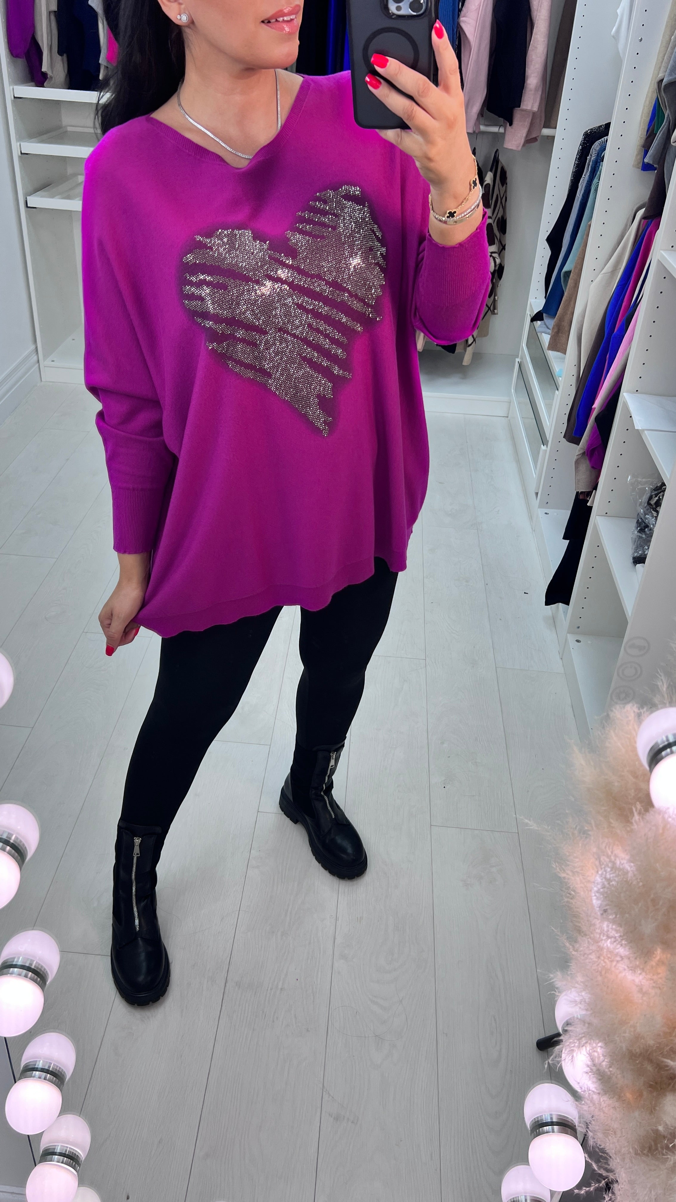 Almeolitta Diamante Studded Heart Drop Sleeve Knit Top