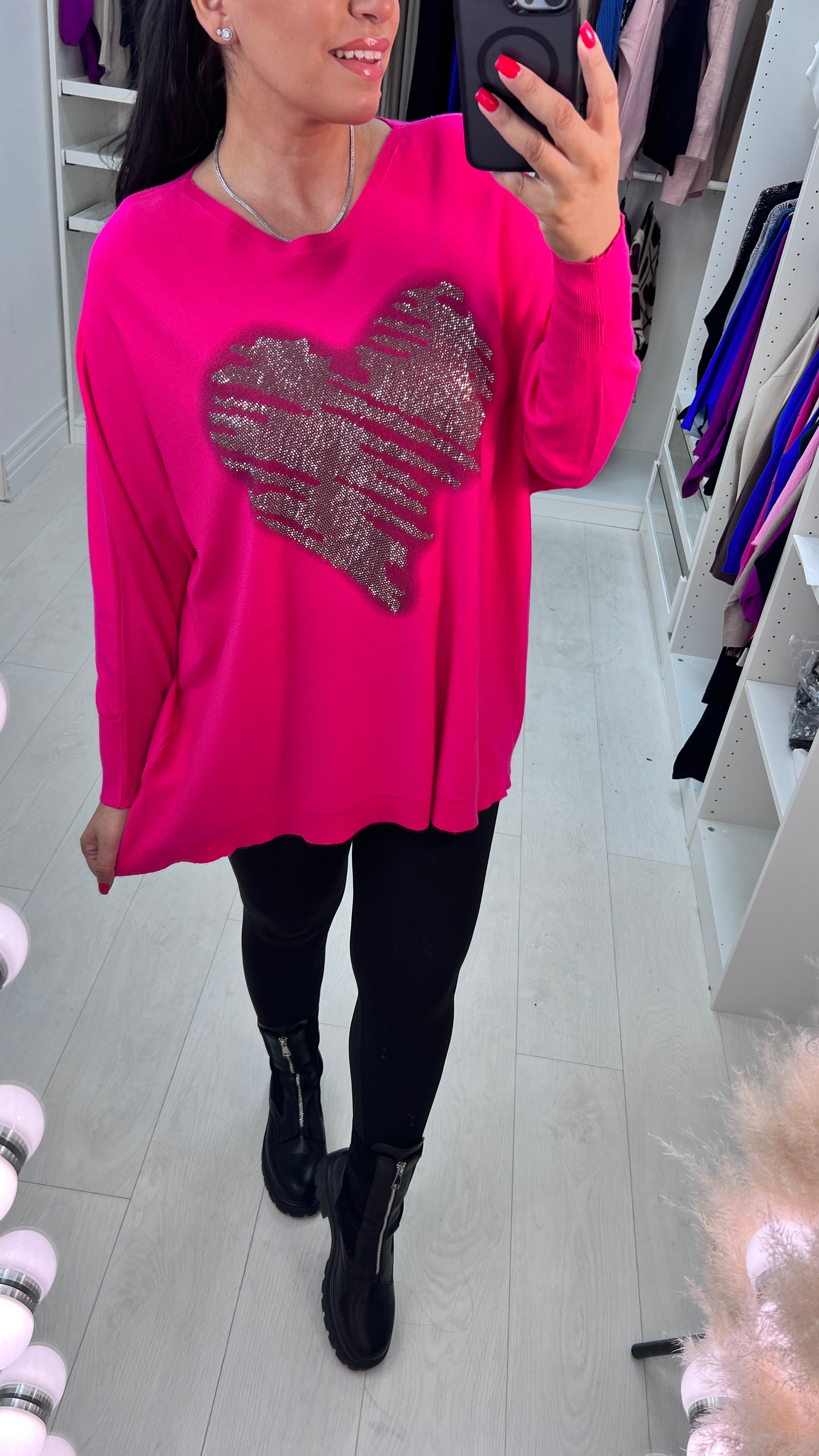 Almeolitta Diamante Studded Heart Drop Sleeve Knit Top