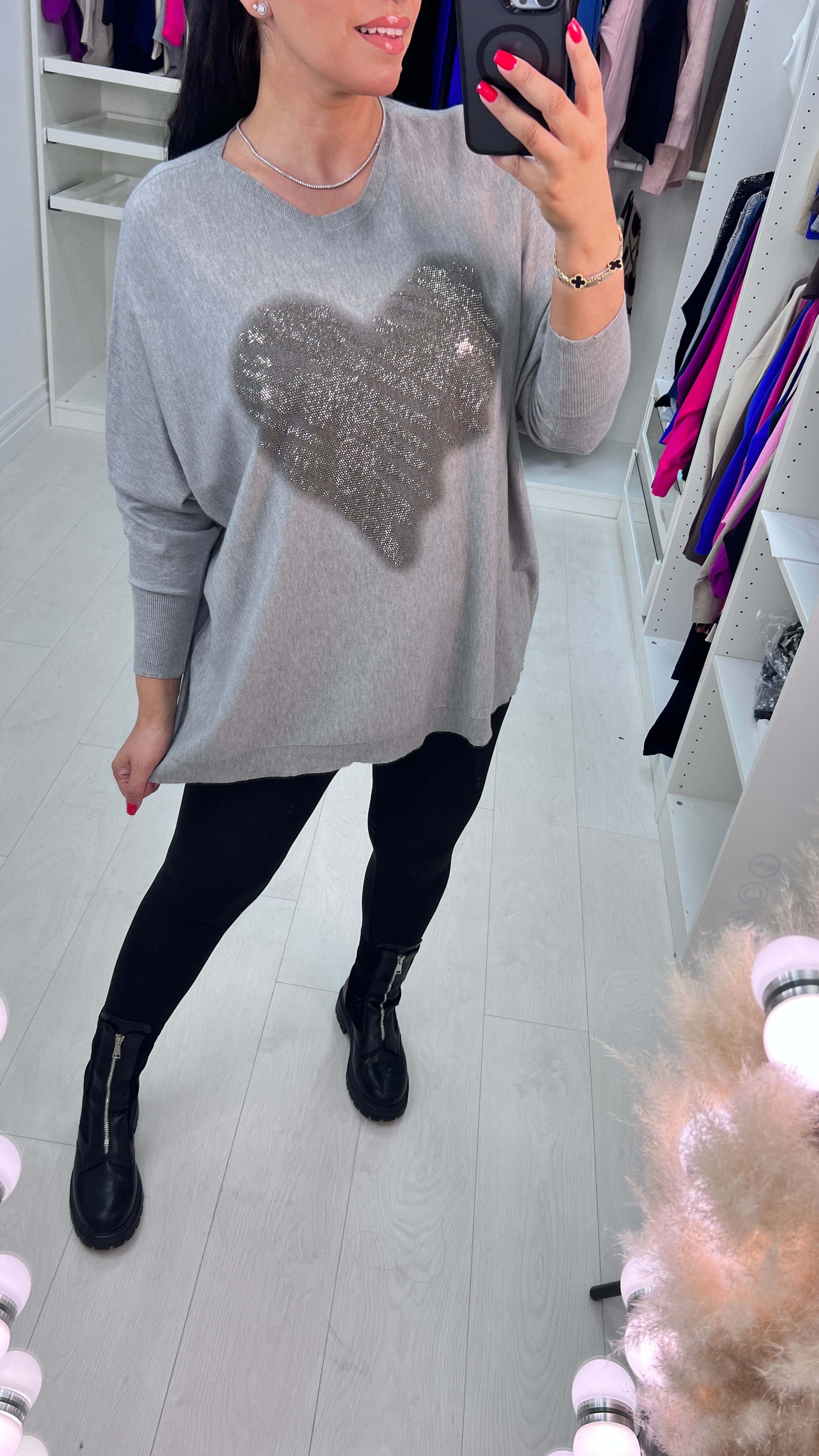 Almeolitta Diamante Studded Heart Drop Sleeve Knit Top