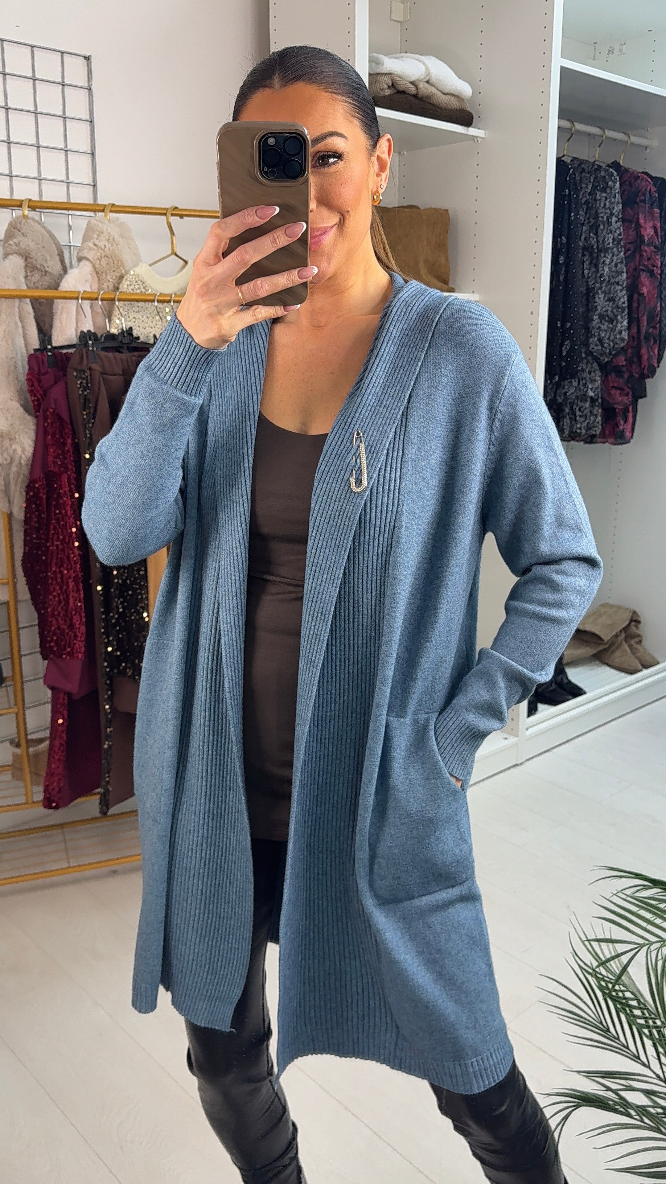 Seema Diamante Pin Hooded Drape Front Cardigan