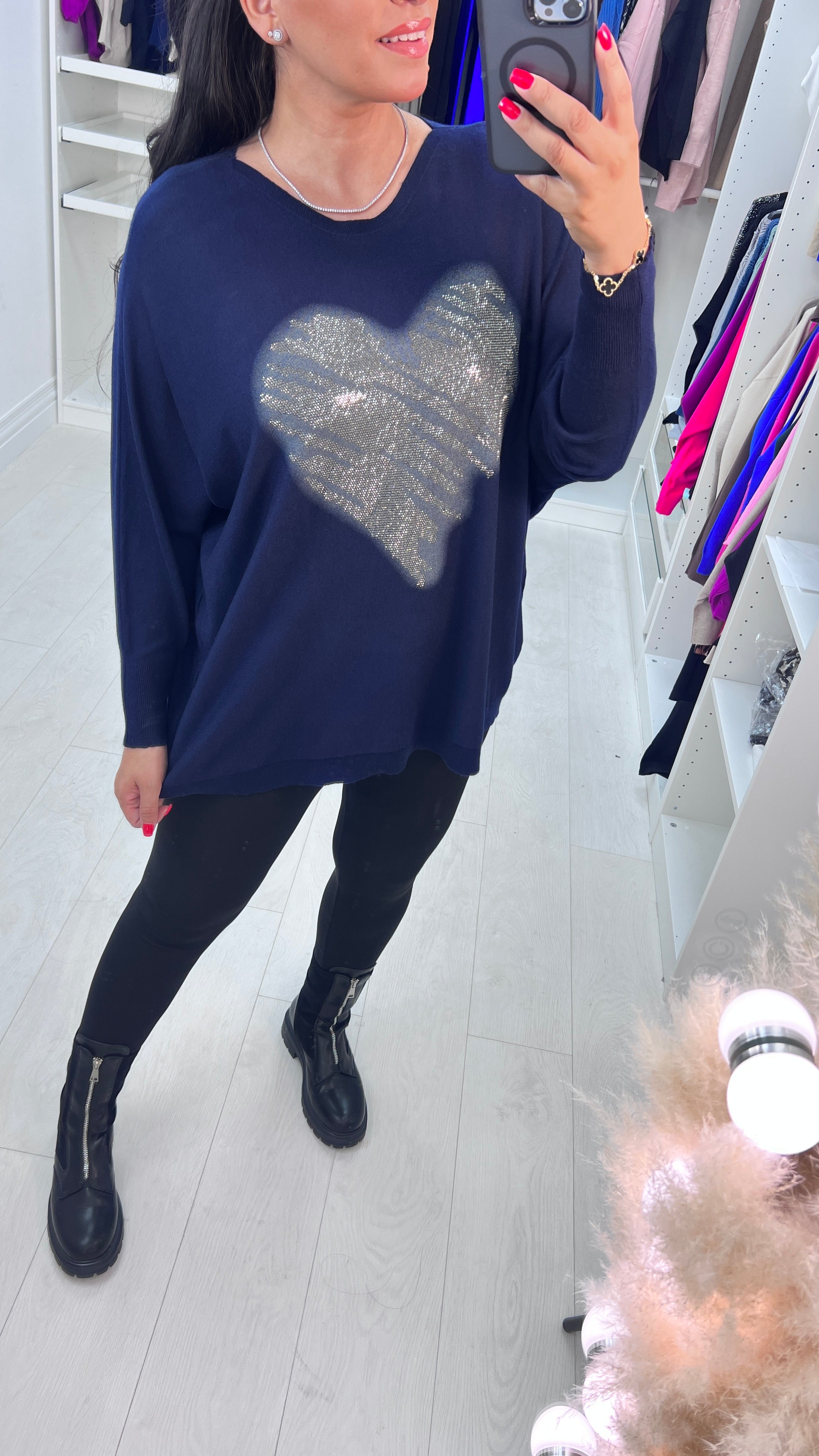 Almeolitta Diamante Studded Heart Drop Sleeve Knit Top