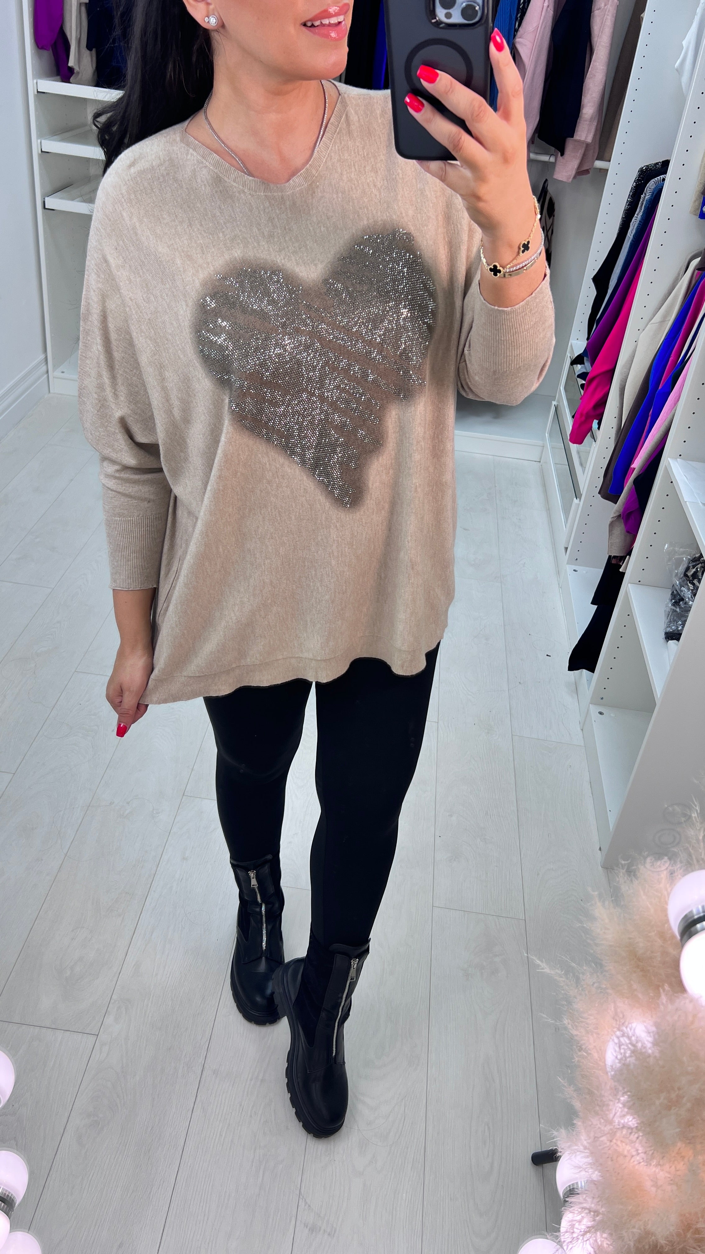Almeolitta Diamante Studded Heart Drop Sleeve Knit Top