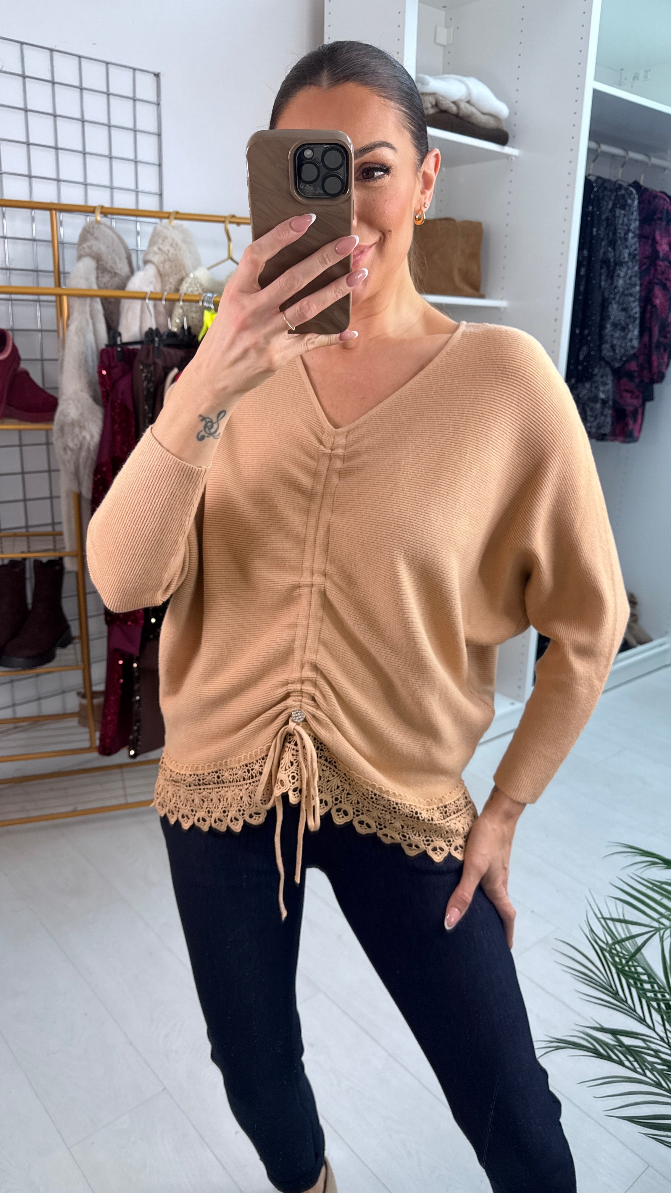 Margena Crochet Rouched Detailed Ribbed Knit Jumper