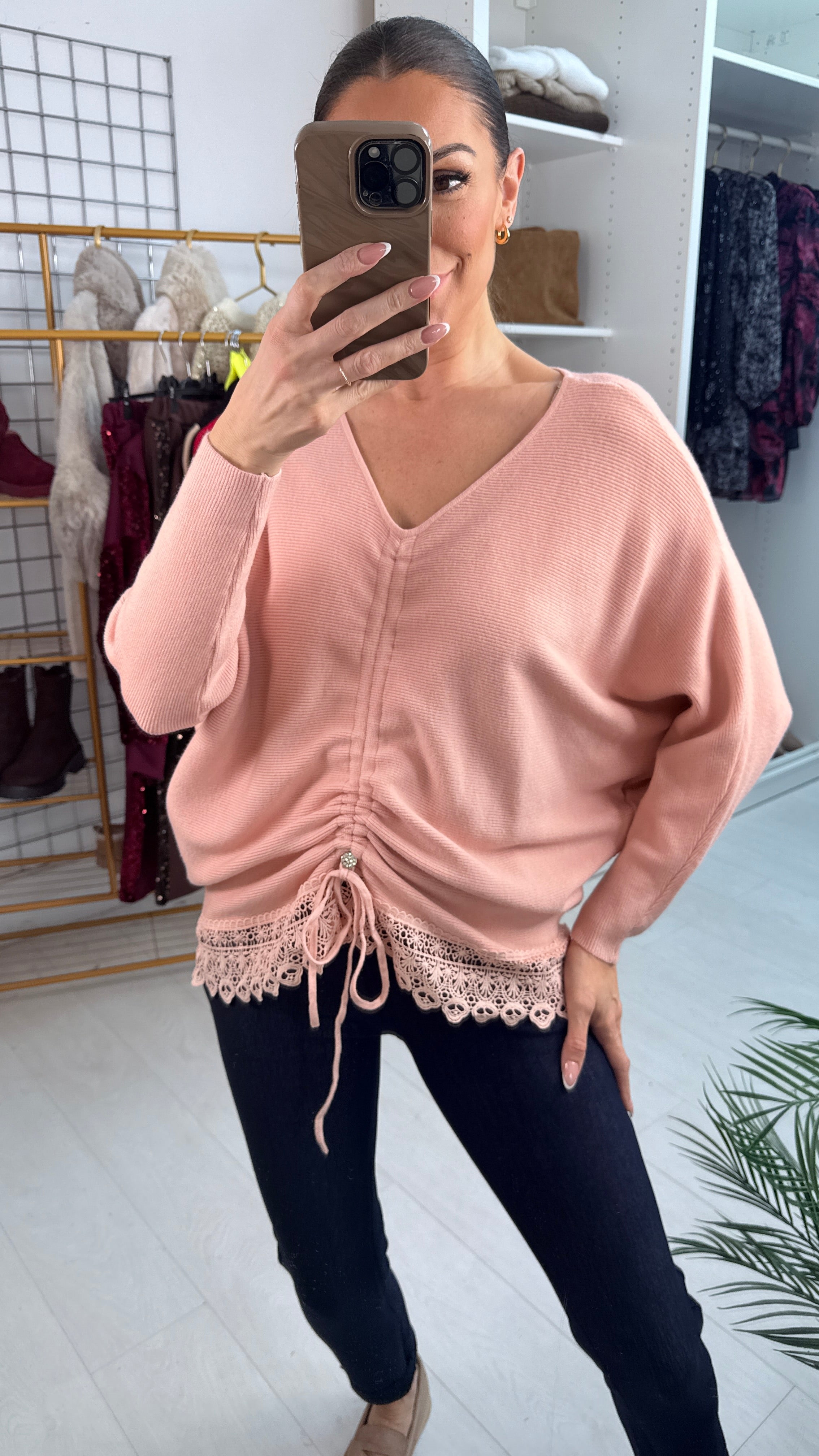 Margena Crochet Rouched Detailed Ribbed Knit Jumper