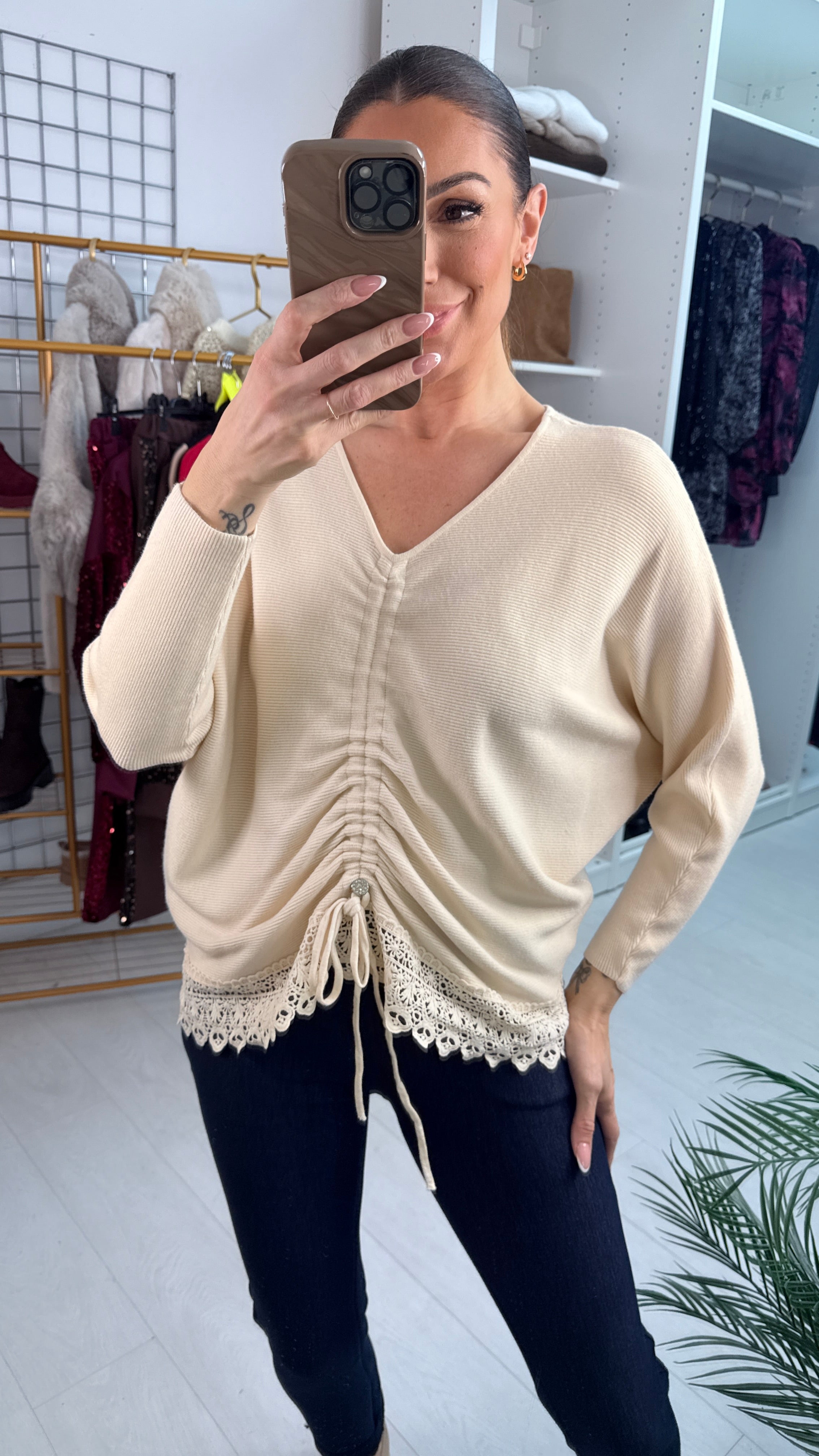 Margena Crochet Rouched Detailed Ribbed Knit Jumper
