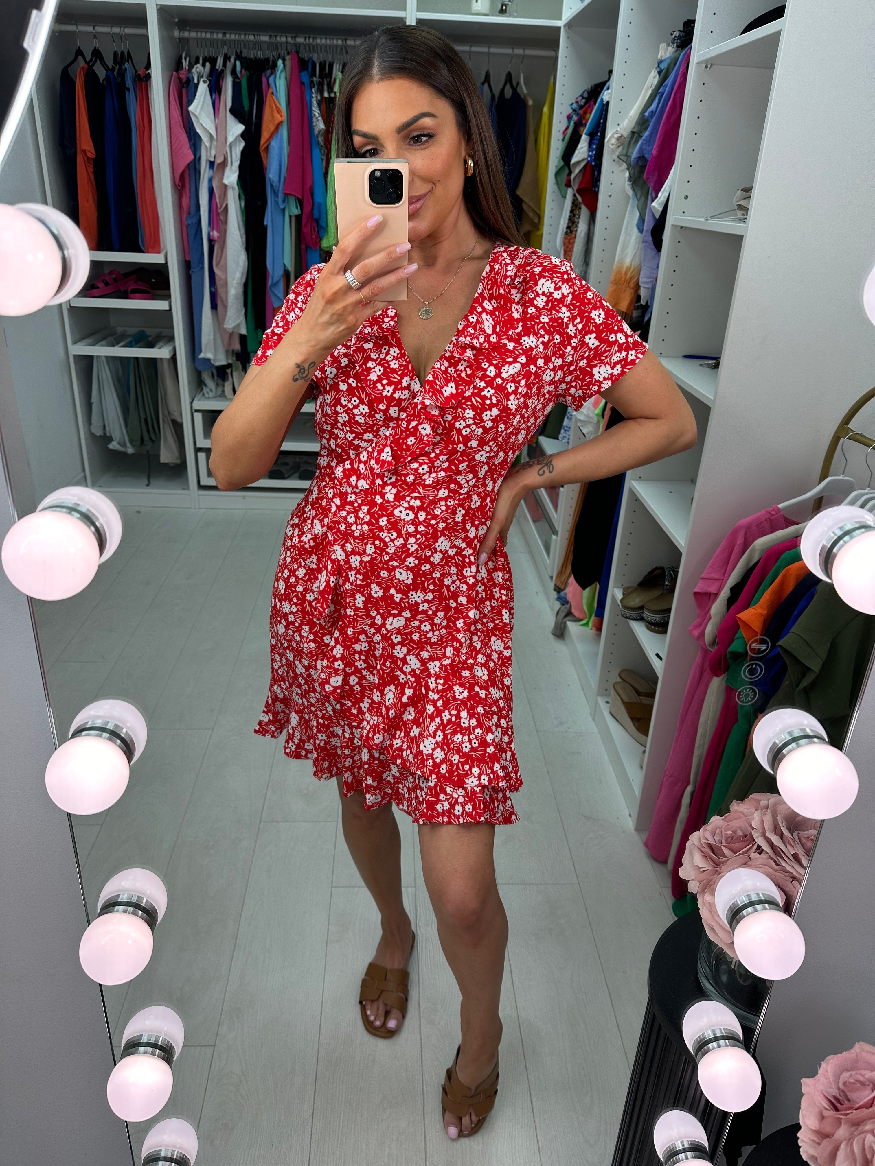 Emry Red Floral Print Ruffle Dress