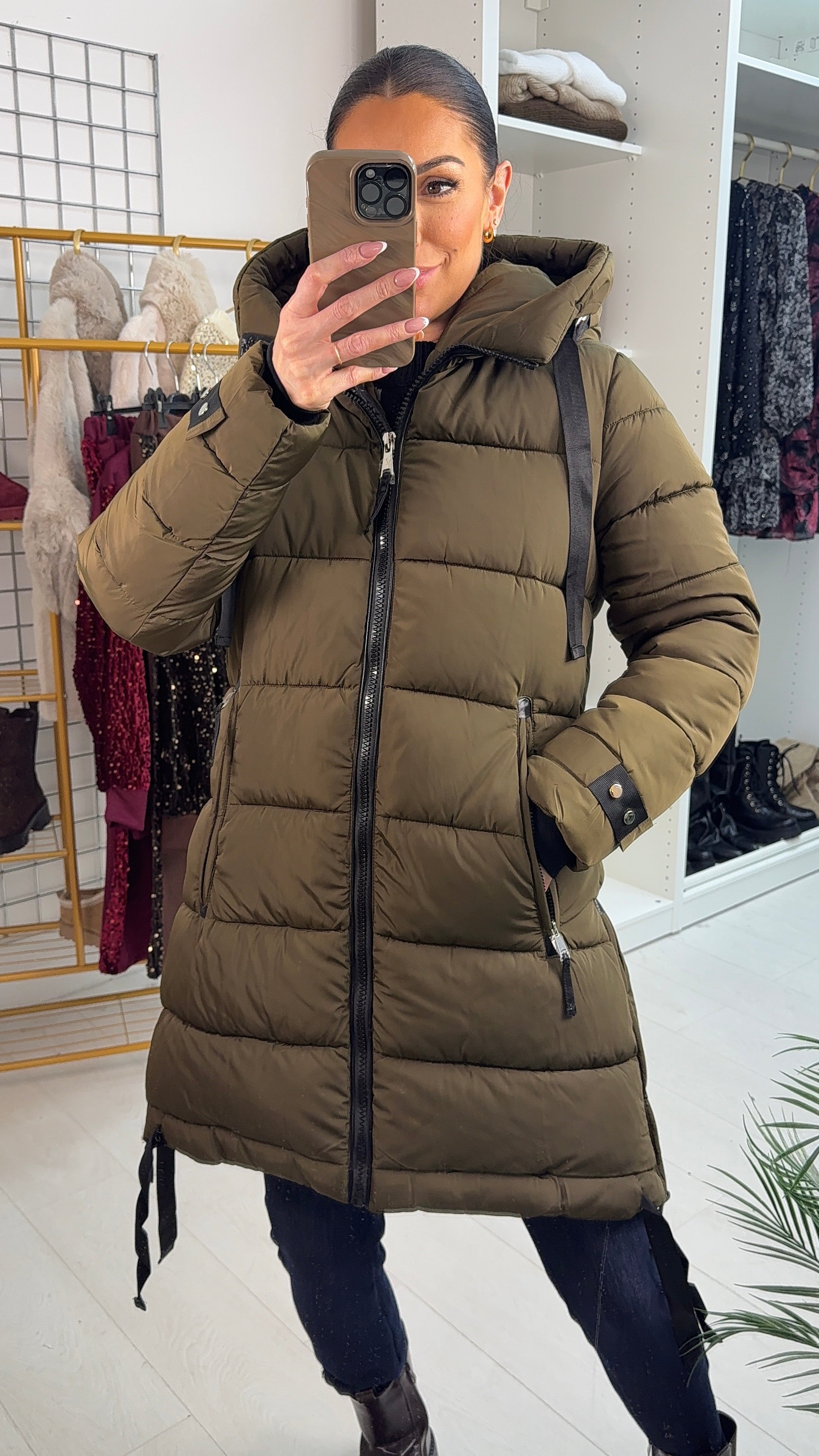 Autumn Khaki Zip Detail Hooded Puffer Coat