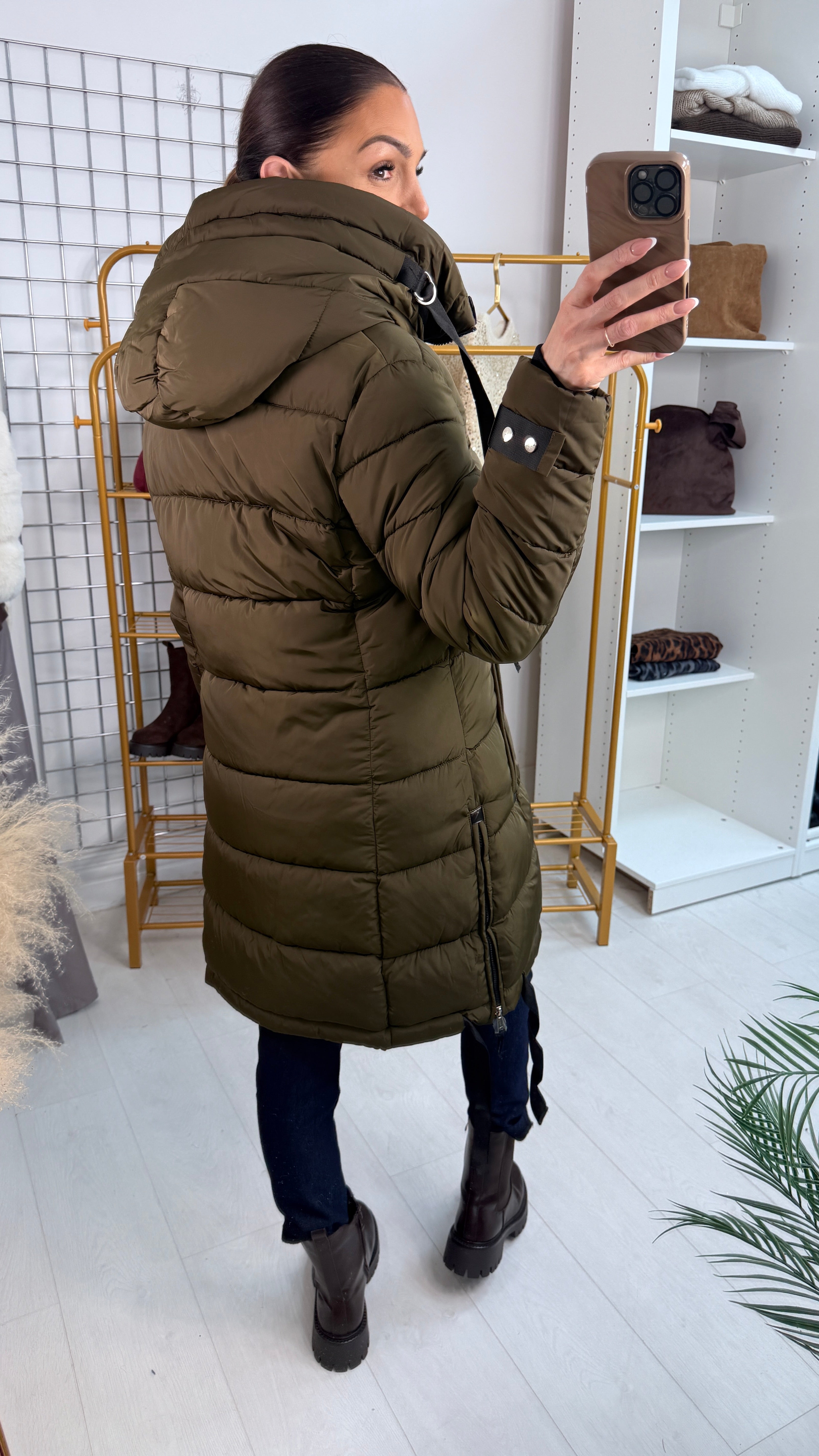Autumn Khaki Zip Detail Hooded Puffer Coat
