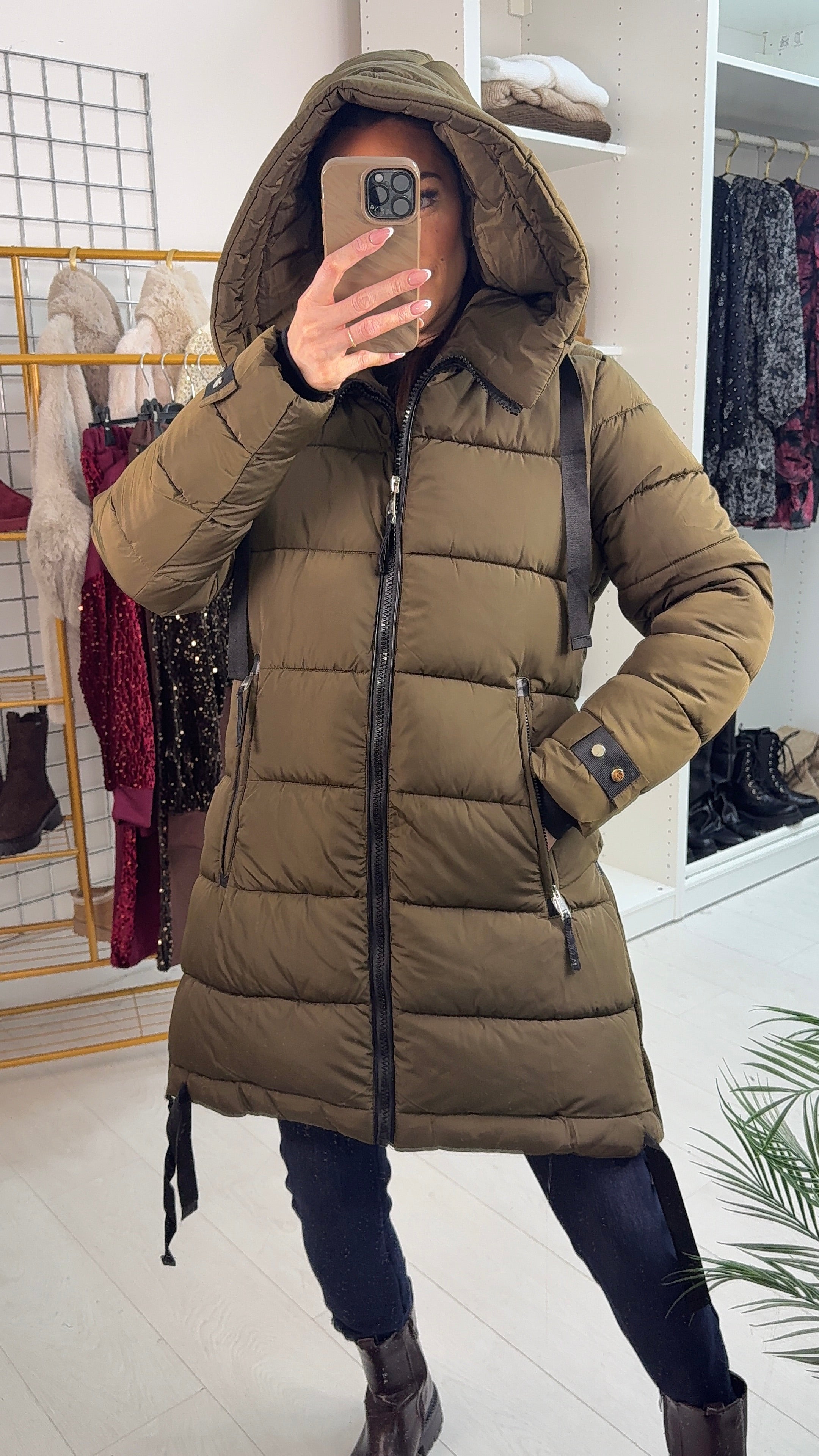 Autumn Khaki Zip Detail Hooded Puffer Coat