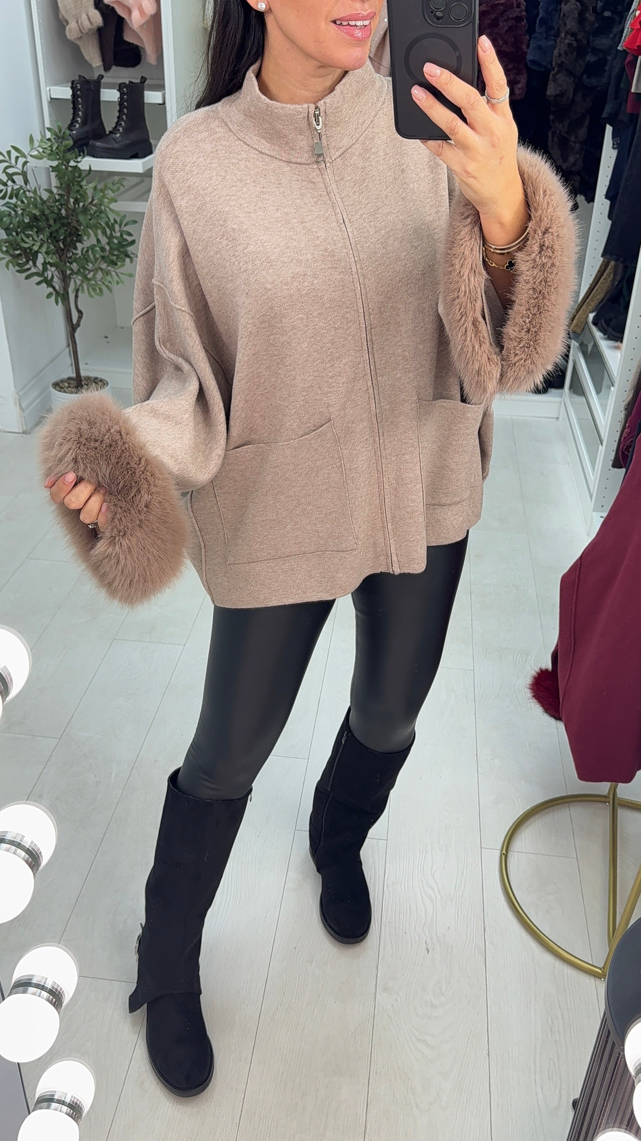 Raquel Faux Fur Cuff Zip Front Cardigan