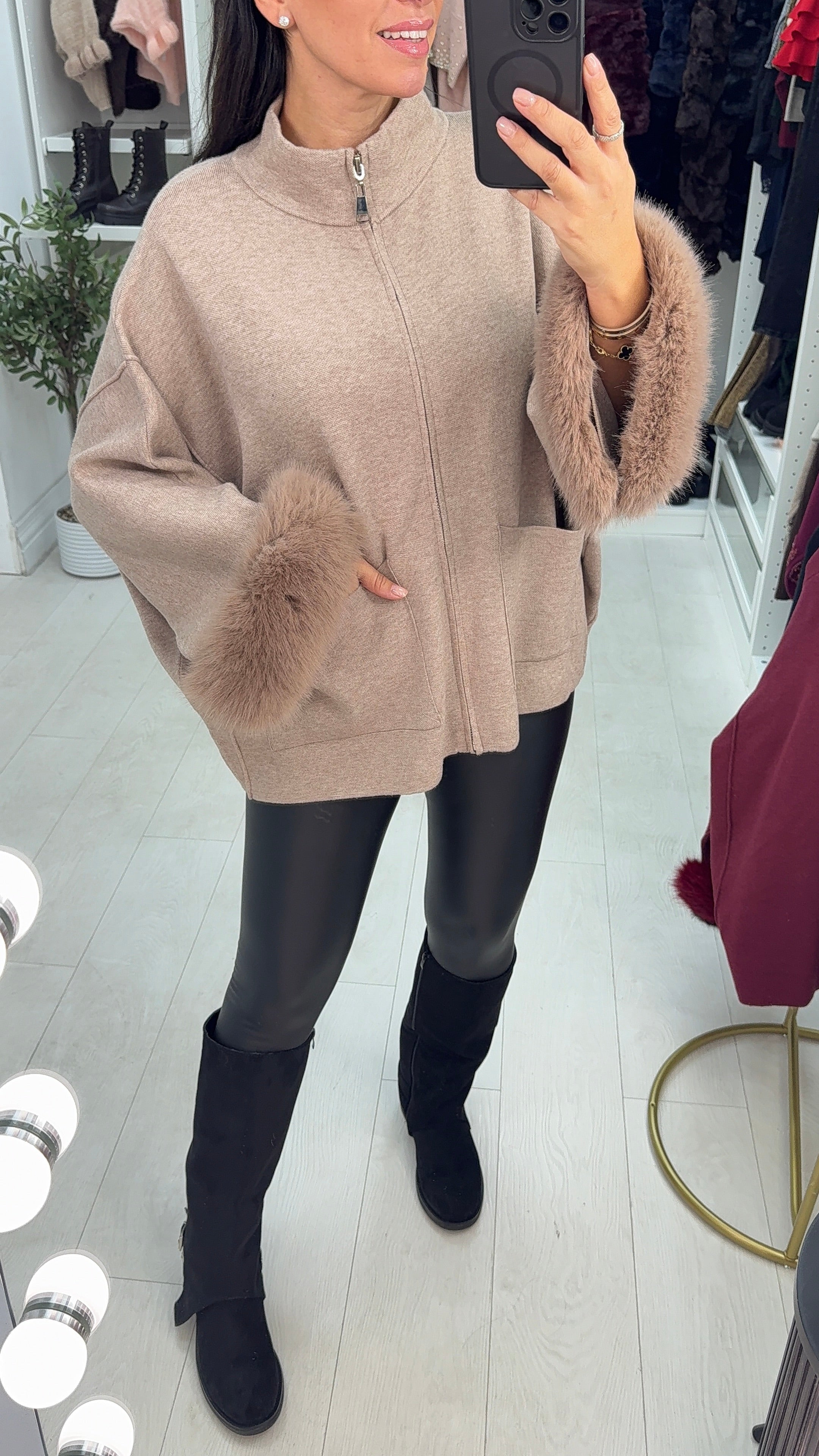 Raquel Faux Fur Cuff Zip Front Cardigan