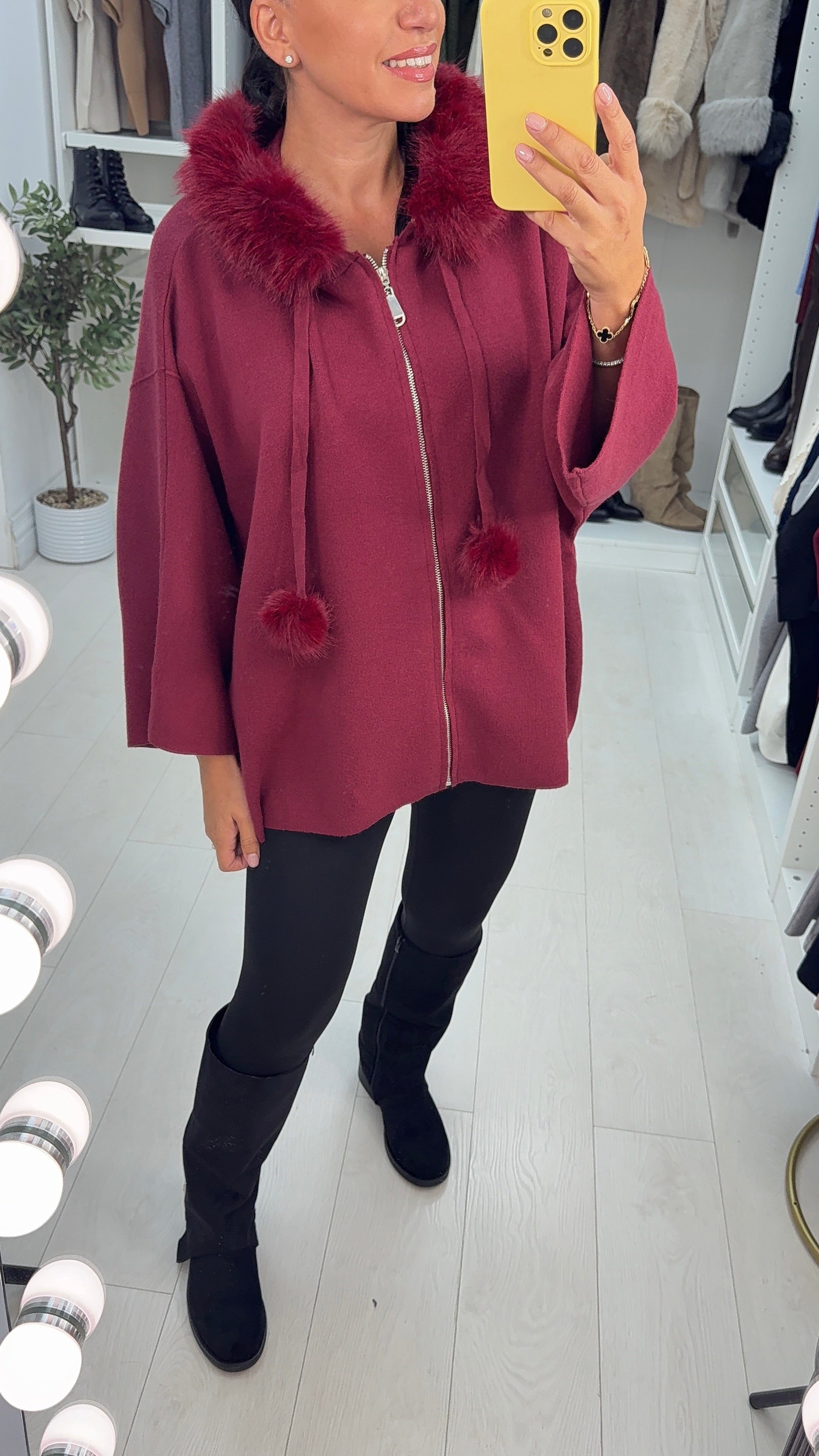 Krystal Faux Fur Trim Hooded Zip Cardigan