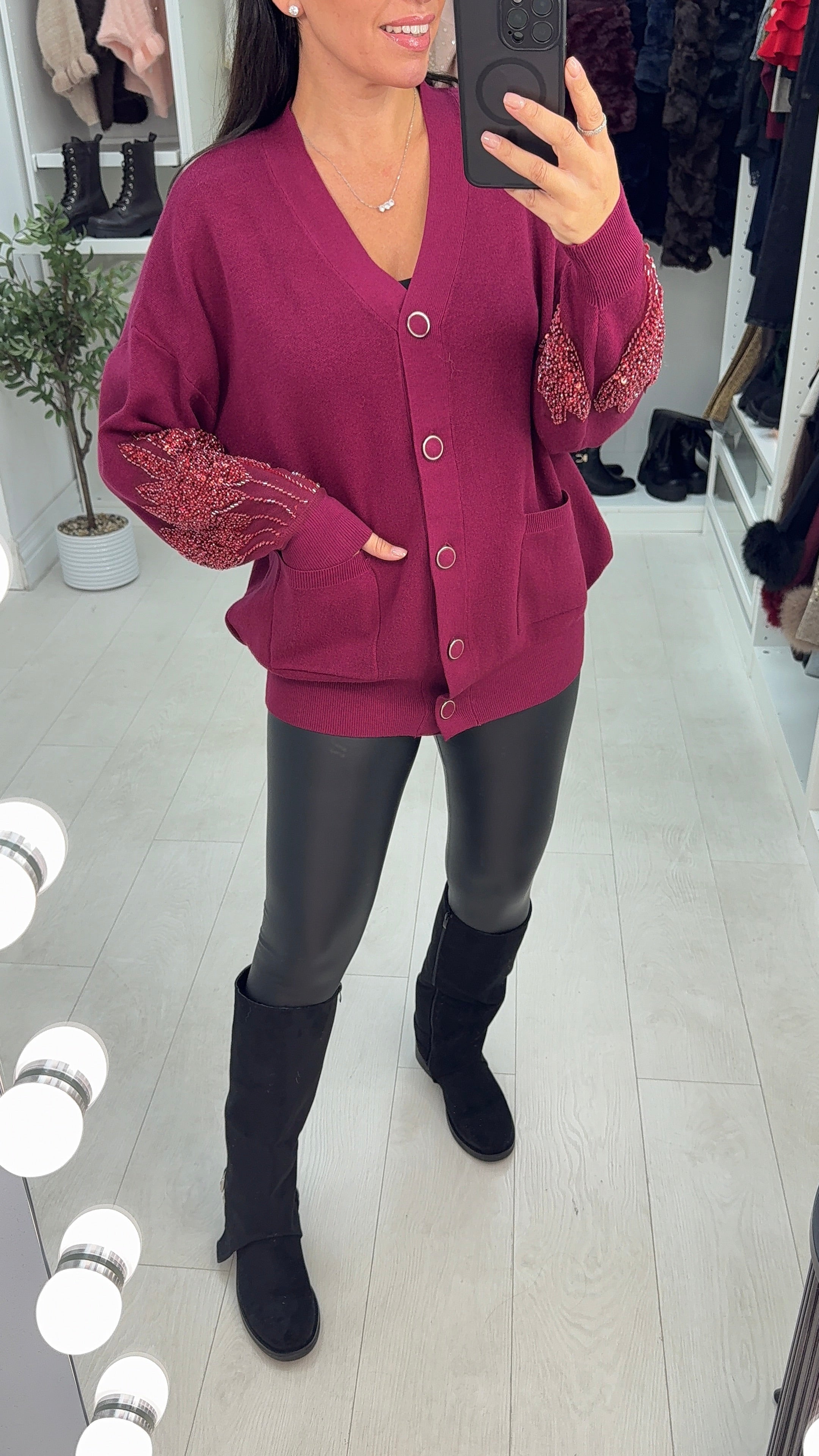 Reby Plain Embellished Sleeve Button Front Cardigan