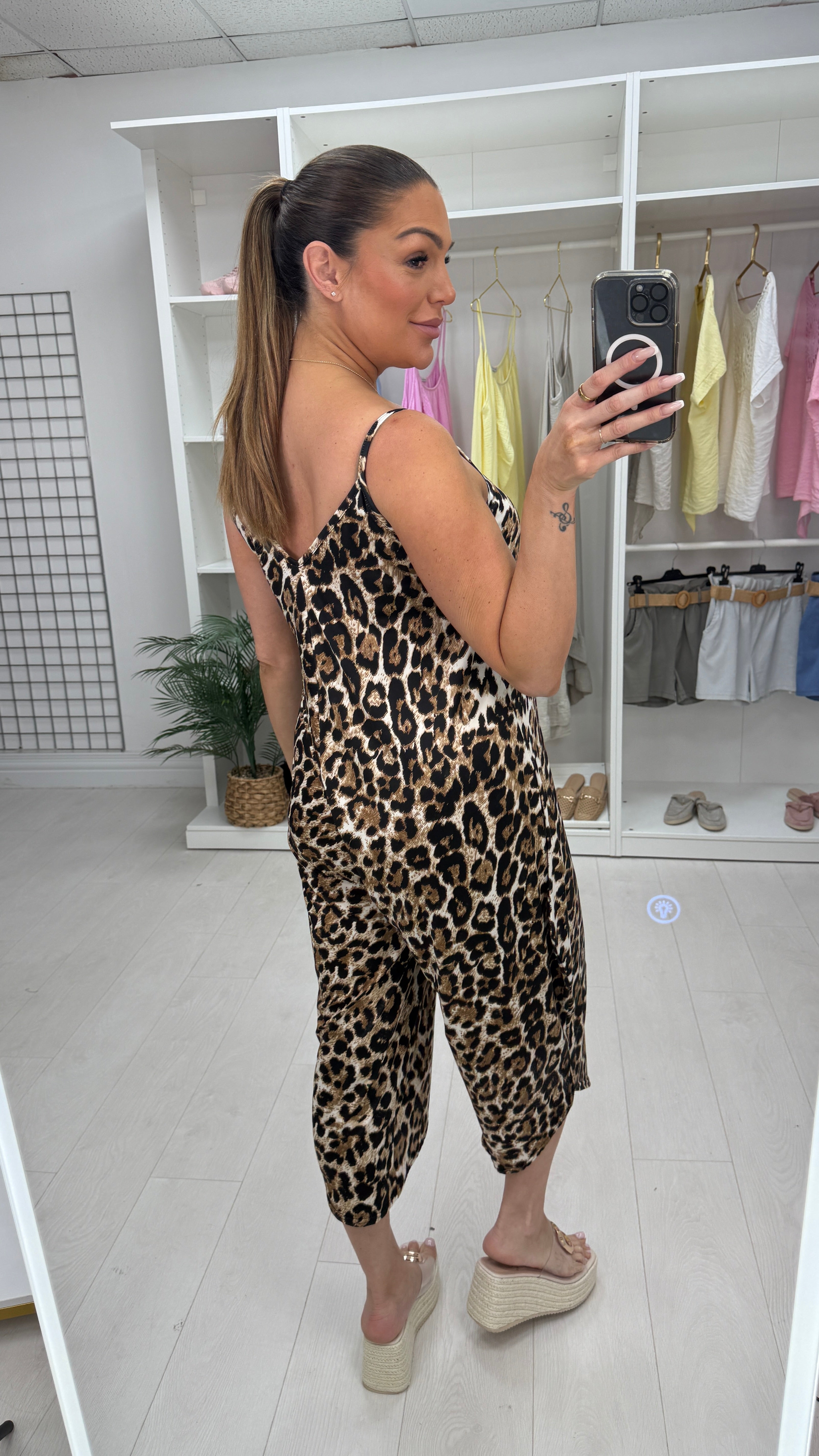 Zorelle Leopard Print V Neck Loose Fit Magic Jumpsuit