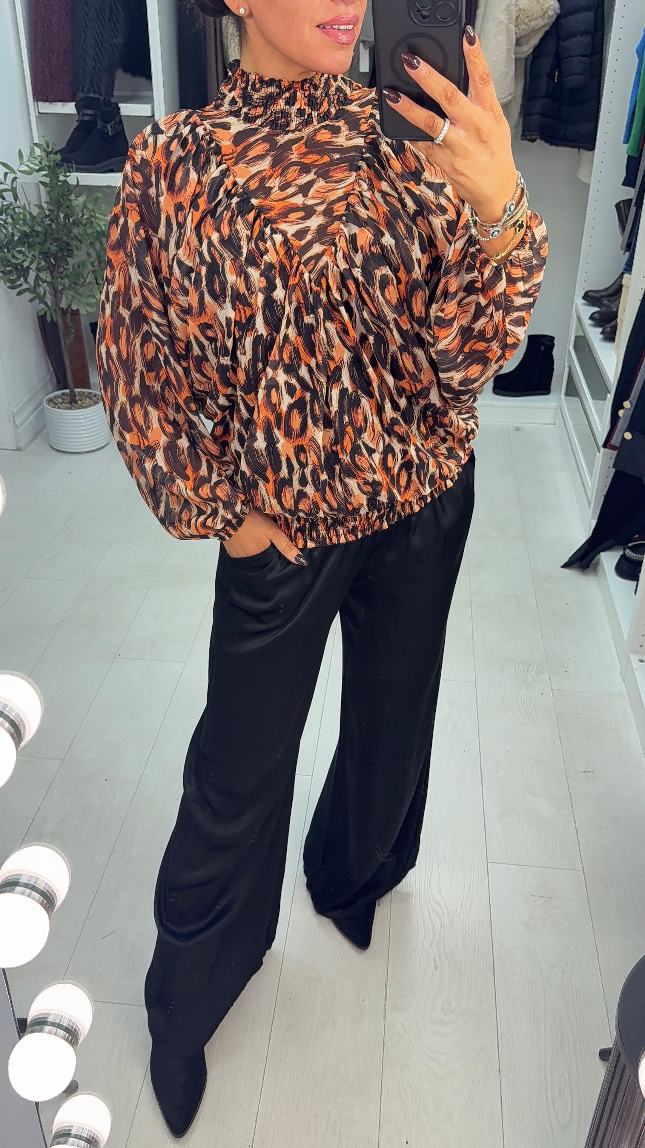 Estefan Abstract Print Double Layer Shirred High Neck Blouse