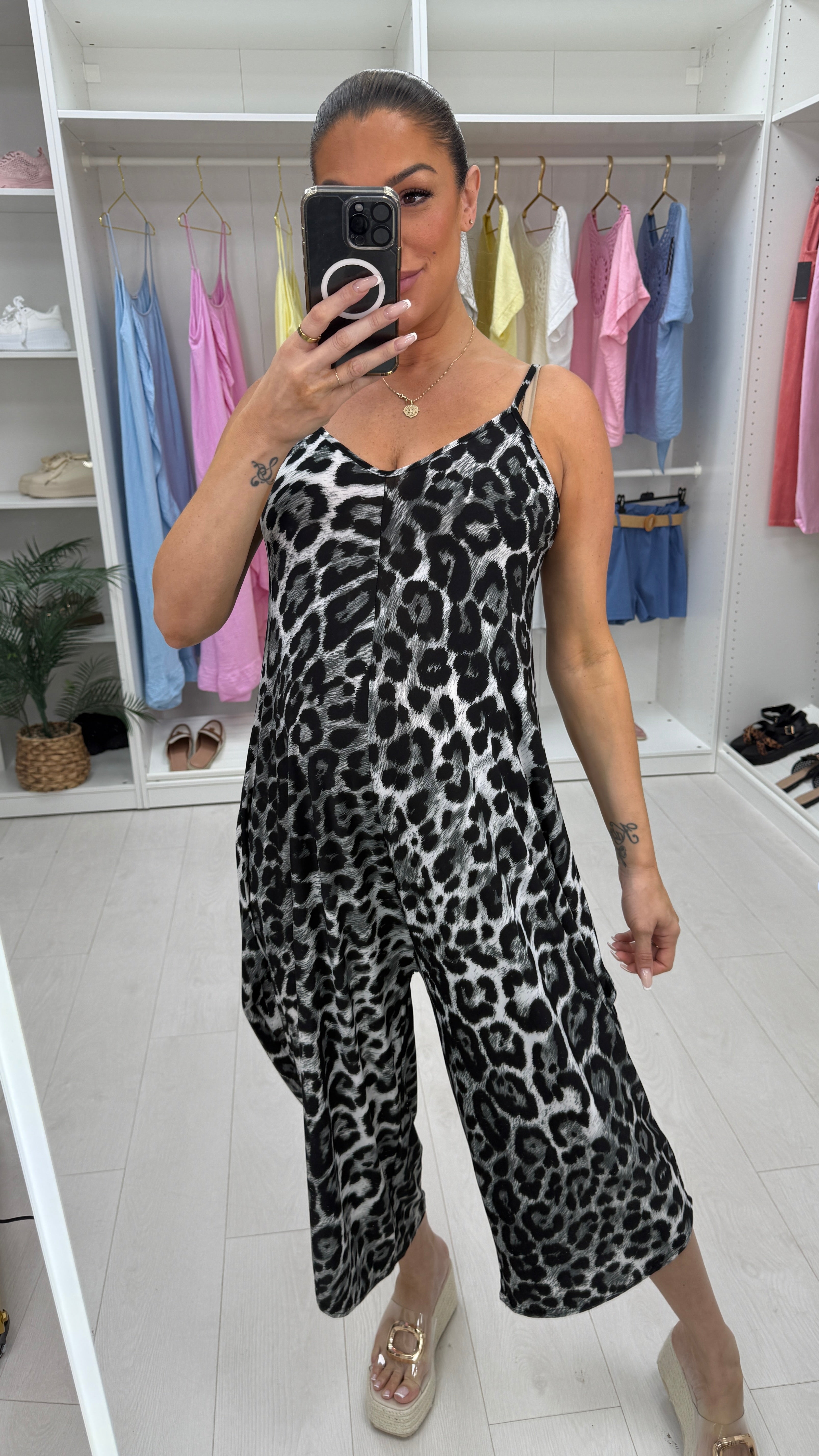 Zorelle Leopard Print V Neck Loose Fit Magic Jumpsuit