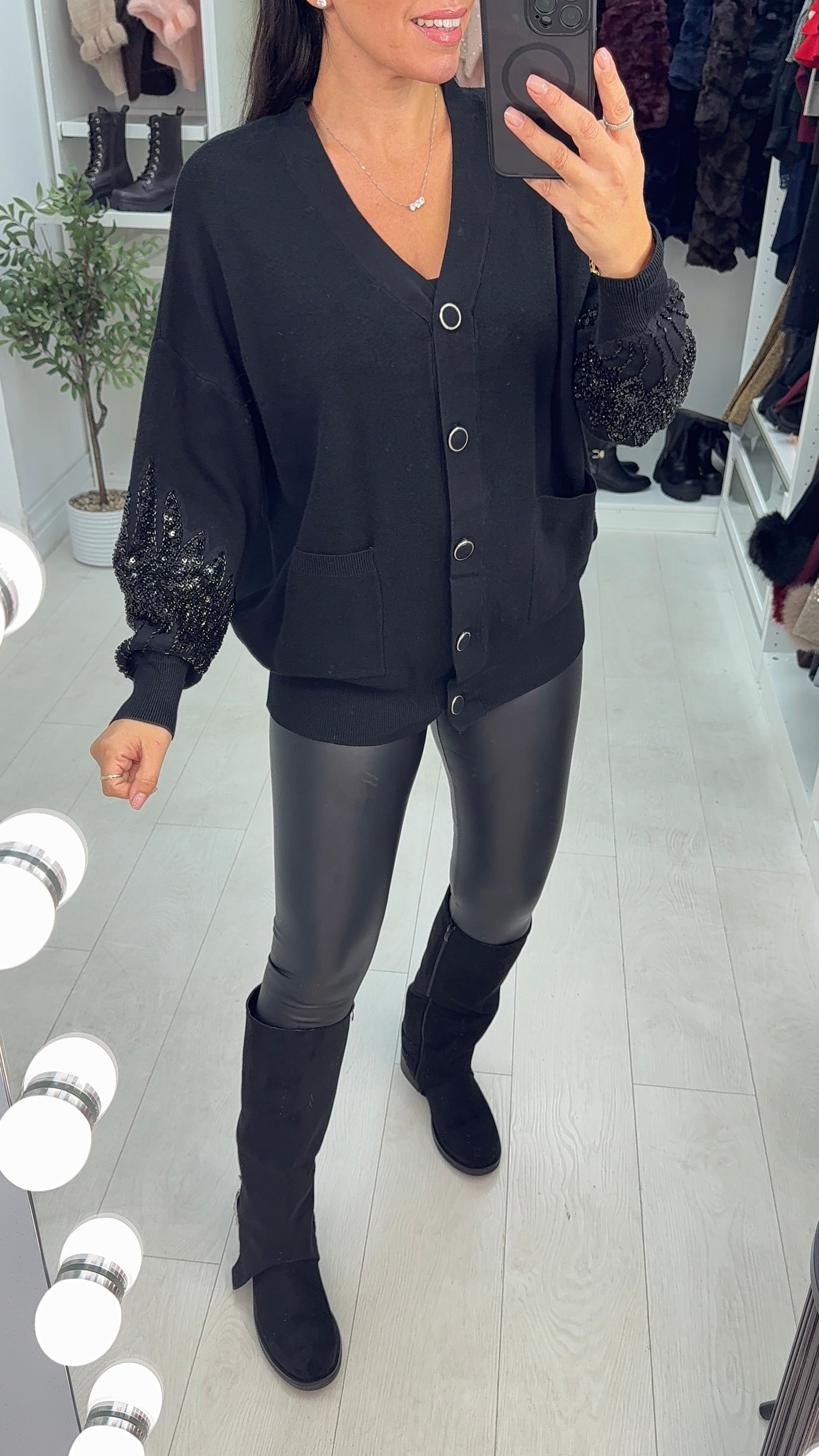 Reby Plain Embellished Sleeve Button Front Cardigan