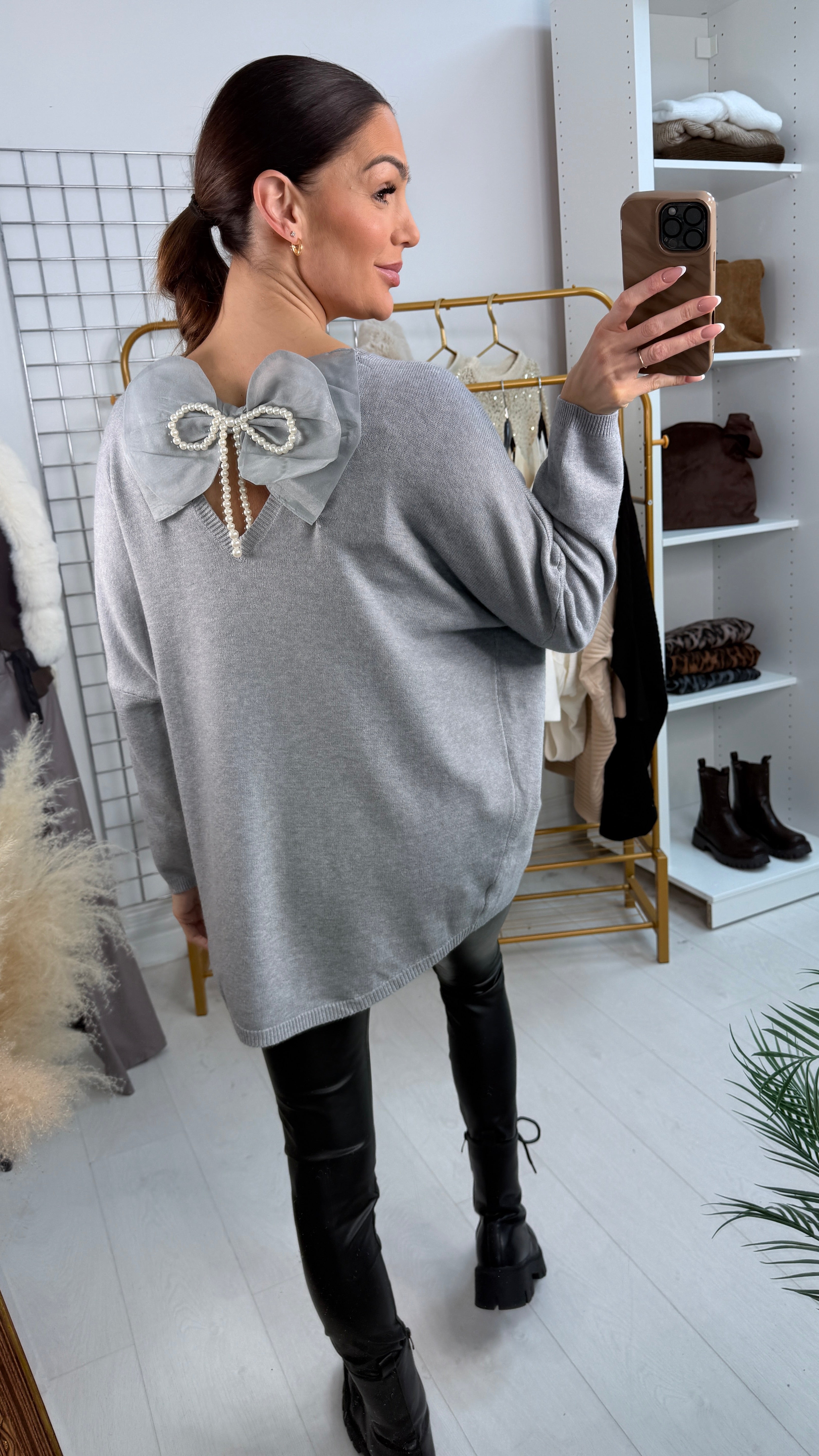 Madeline Plain V Neck Bow Back Jumper