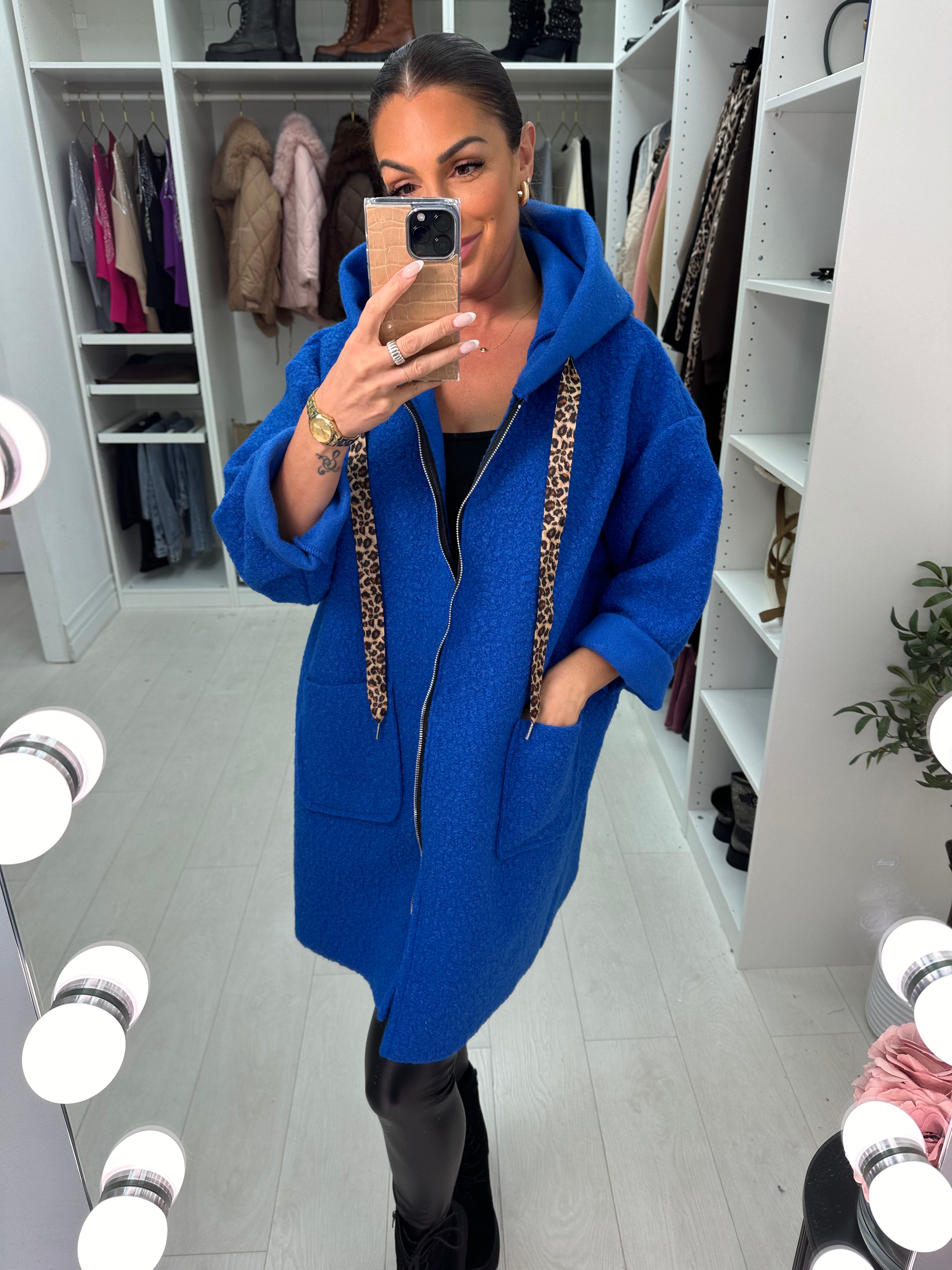 Lindsey Boucle Hooded Leopard Detail Jacket