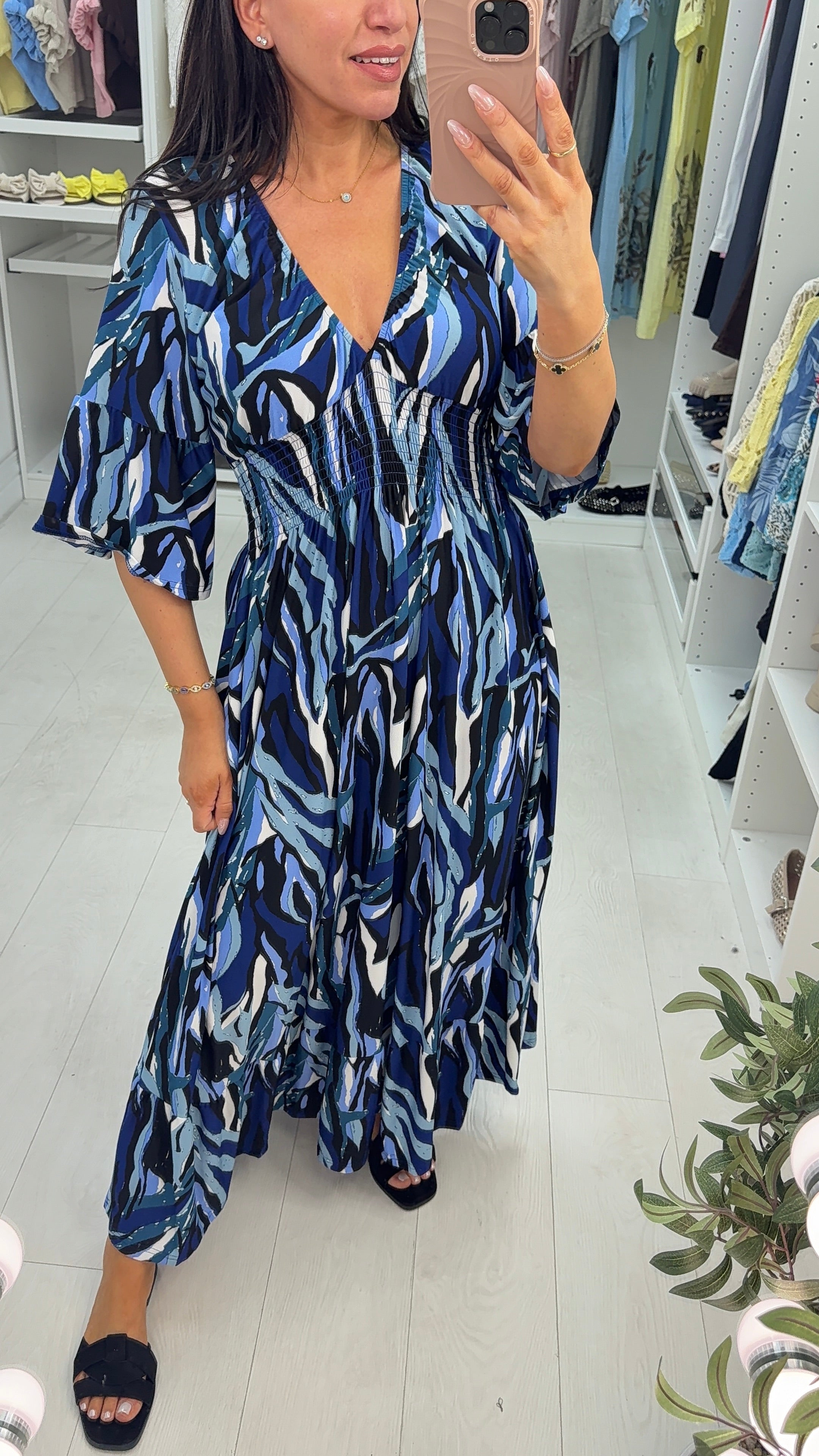 Evita Abstract Print V Neck Shirred Waist Magic Maxi Dress