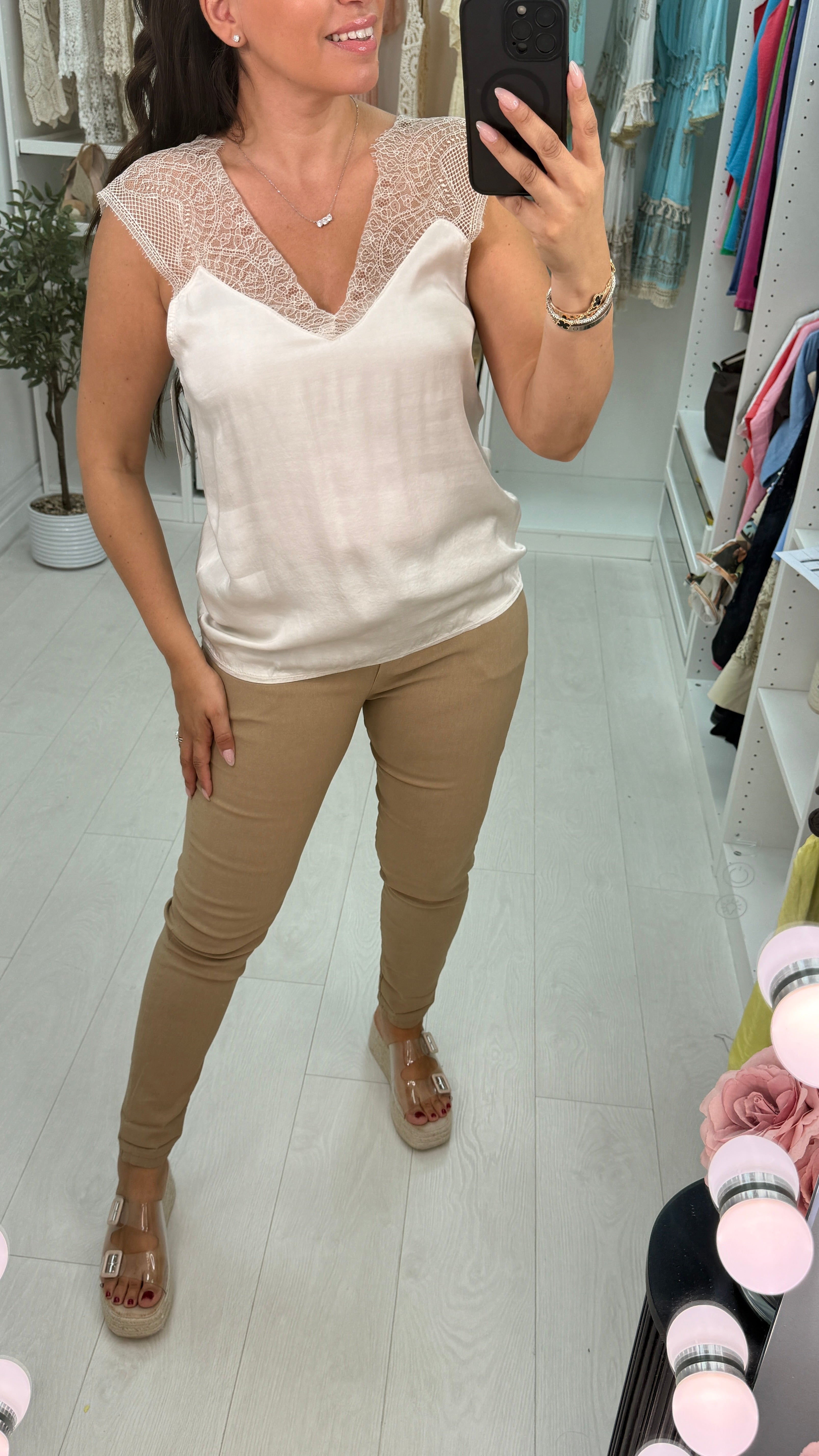 Moyra Plain Lace Detail Satin Cami Top