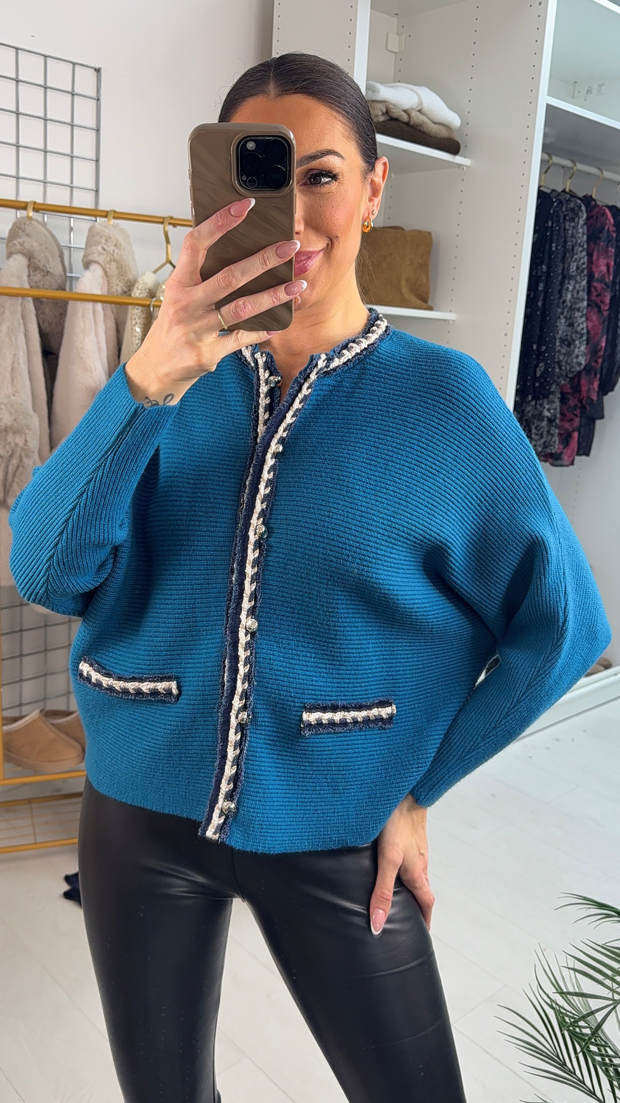 Yvonne Plain Denim Trim Knitted Cardigan