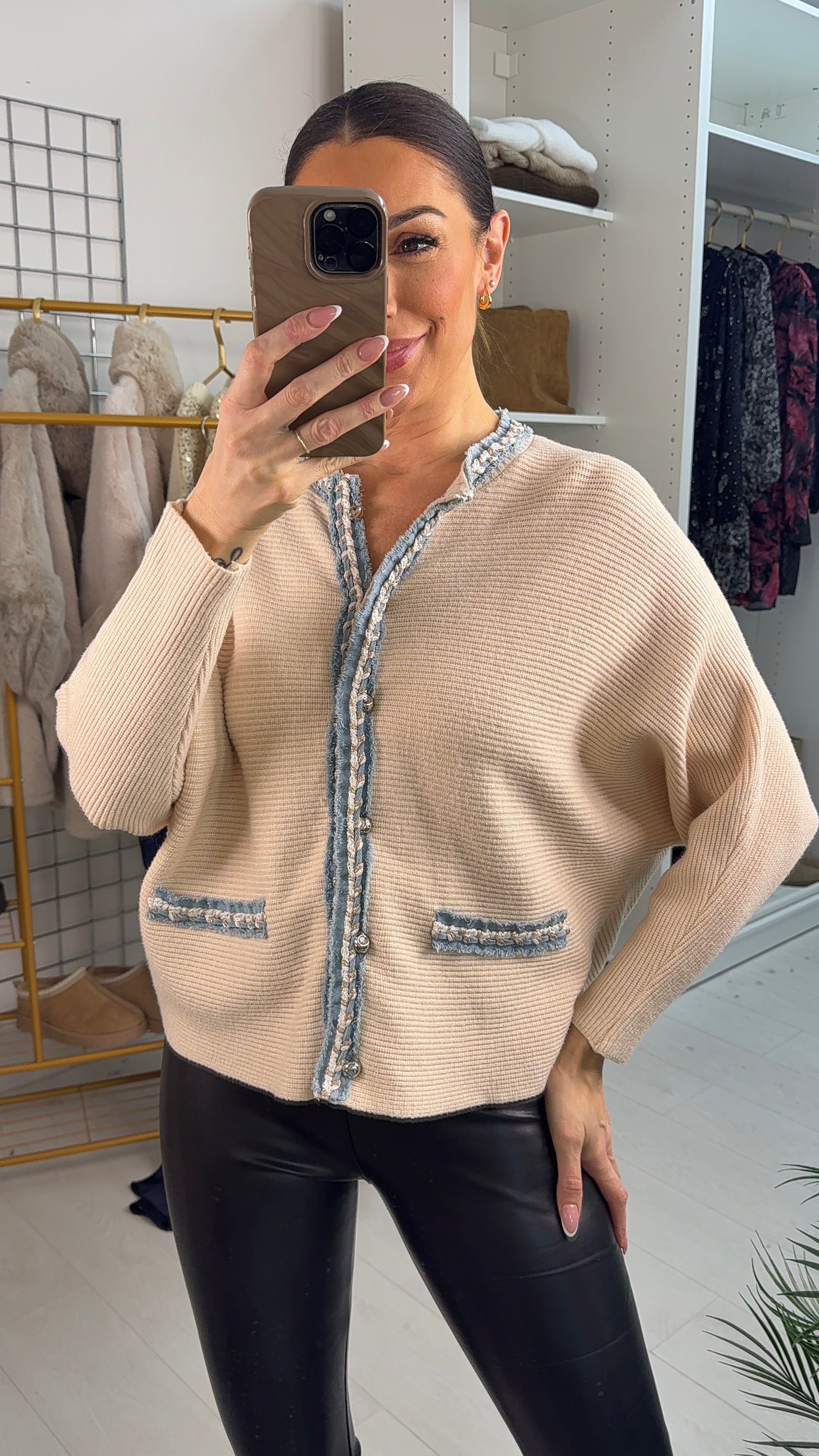 Yvonne Plain Denim Trim Knitted Cardigan