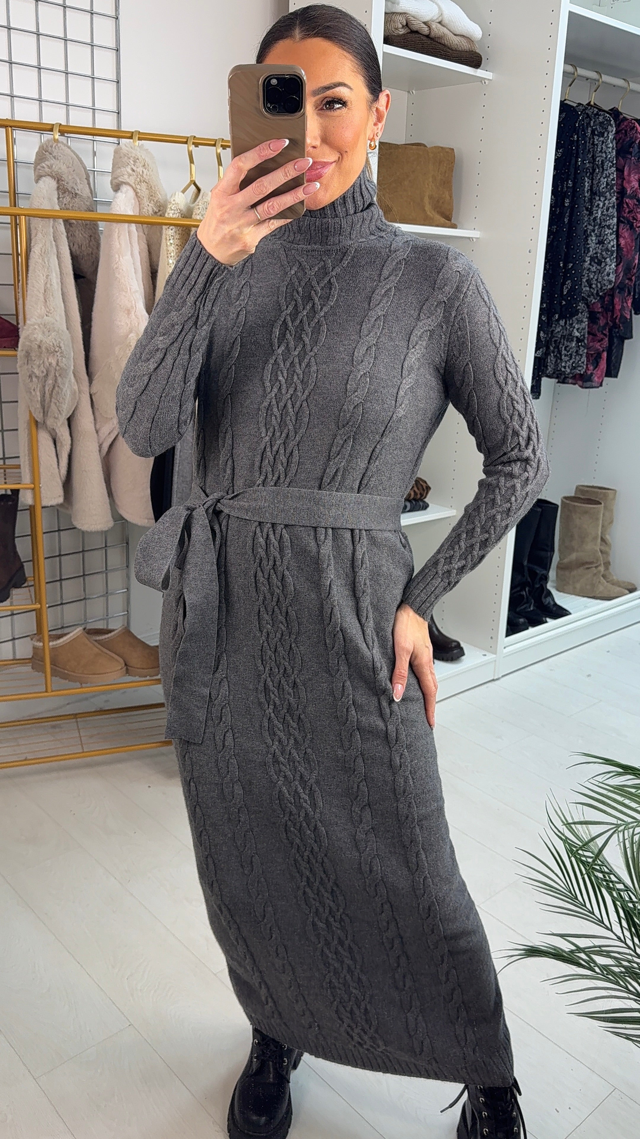 Nerida Cable Detail Belted Maxi Jumper Dress