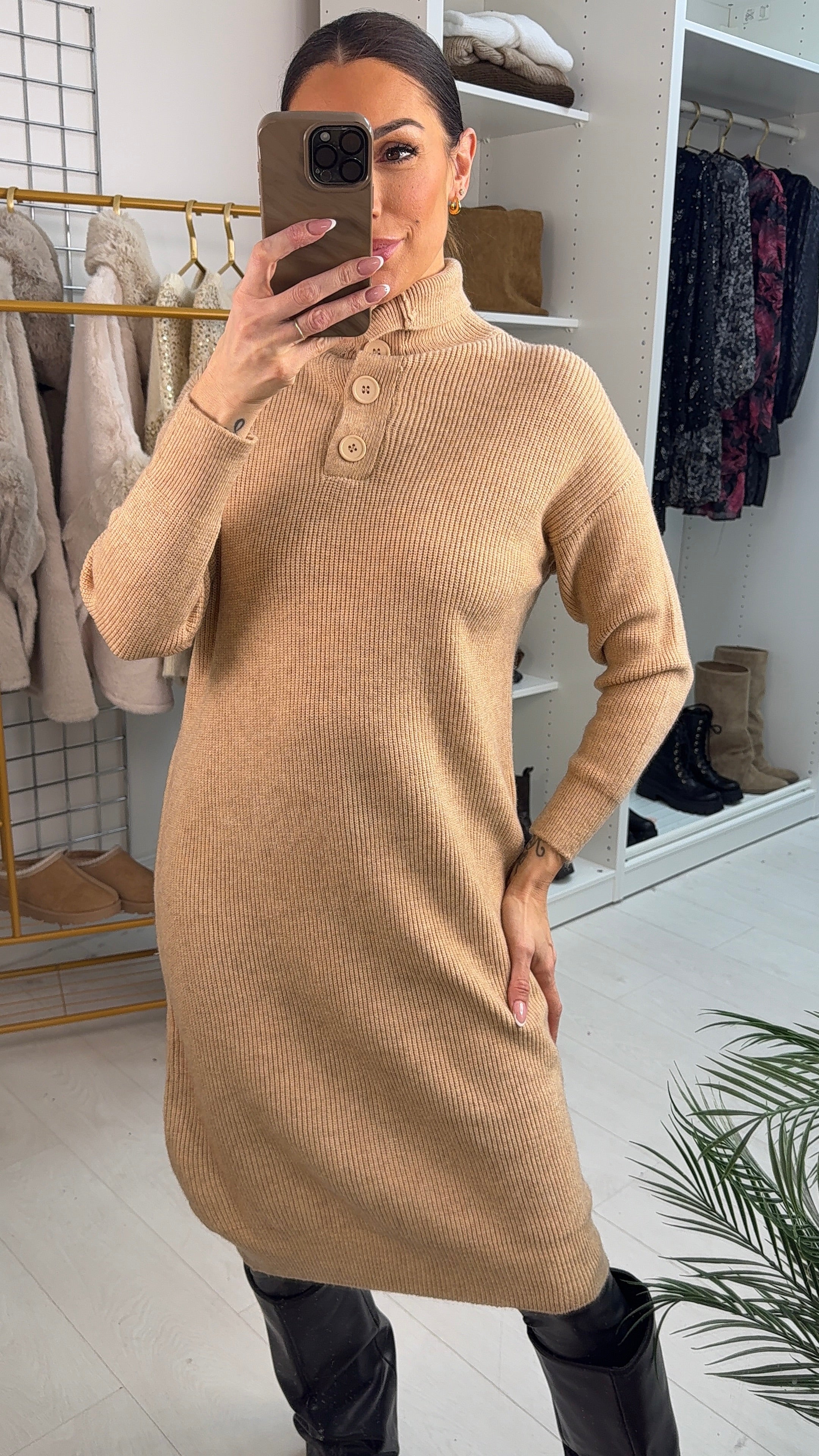 Viola High Neck Button Detail Jumper Dress